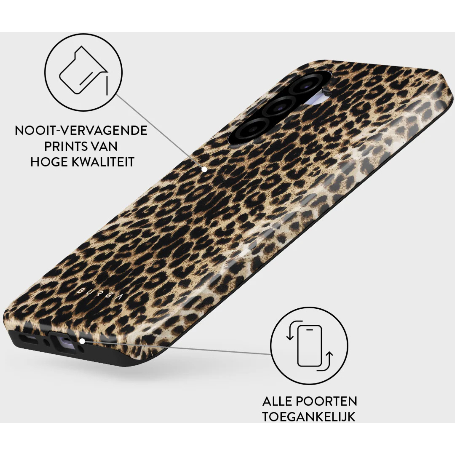 Coque de téléphone imprimé léopard avec découpe caméra et logo.