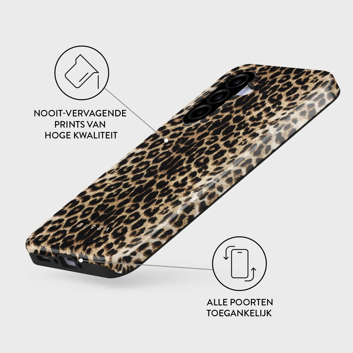 Coque de téléphone à imprimé léopard. Icône en bas à droite indiquant l'accès aux ports.