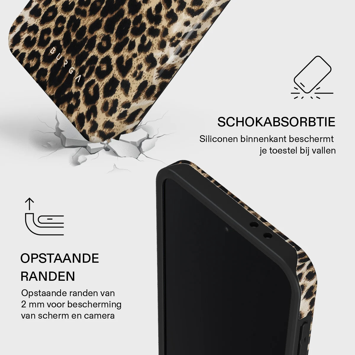 Coque motif léopard tombant, silicone antichoc, bords surélevés.