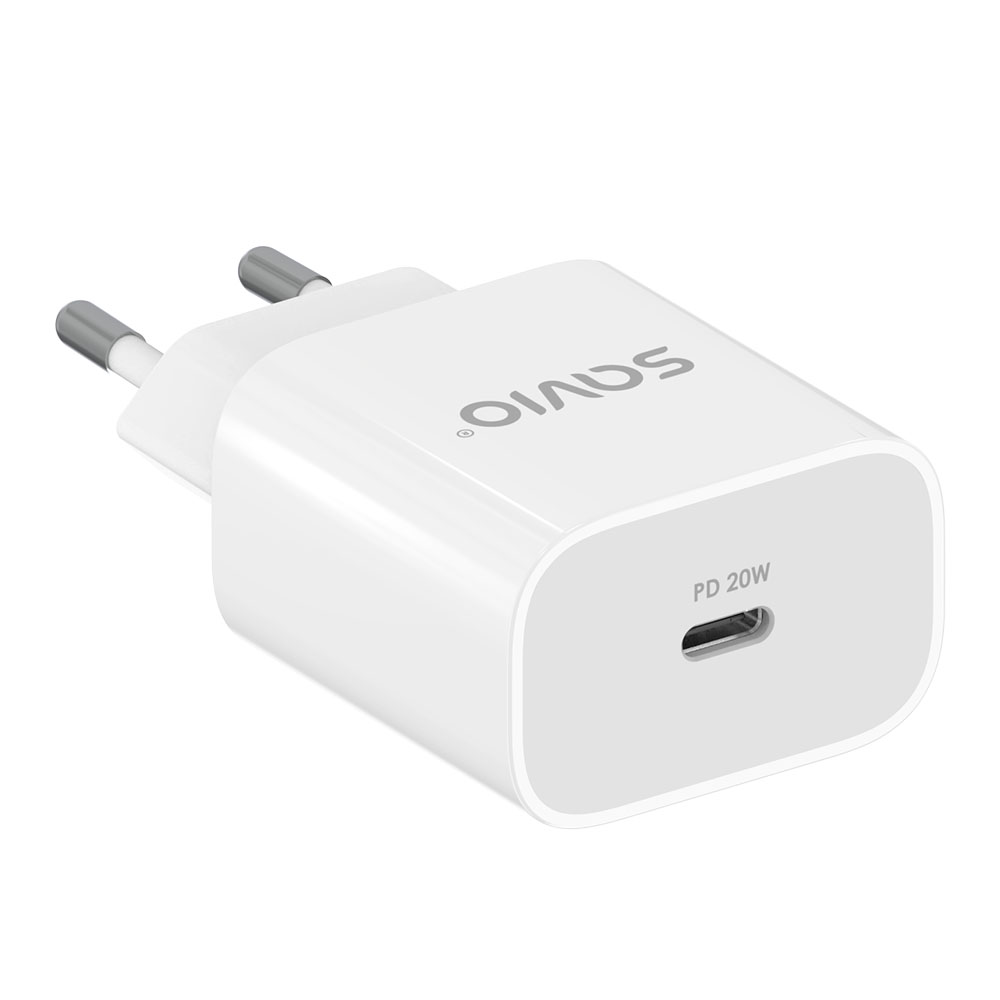 Biała ładowarka USB-C PD 20W z dwoma srebrnymi bolcami.