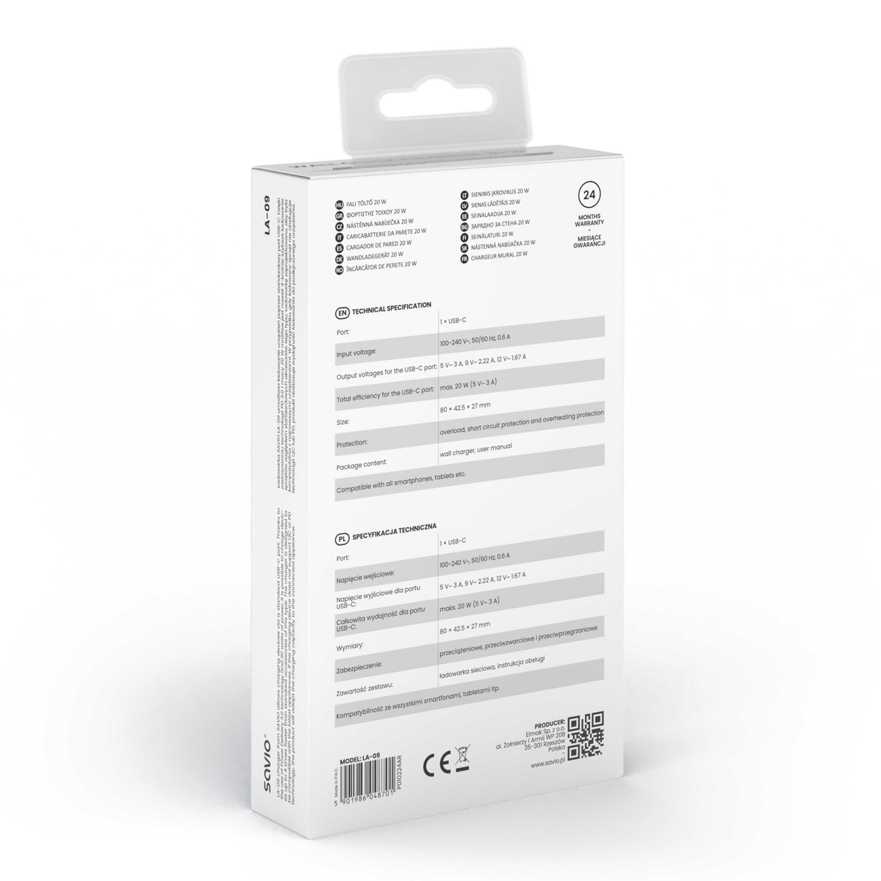 Białe pudełko z danymi technicznymi ładowarki USB-C 20W, model LA-09.