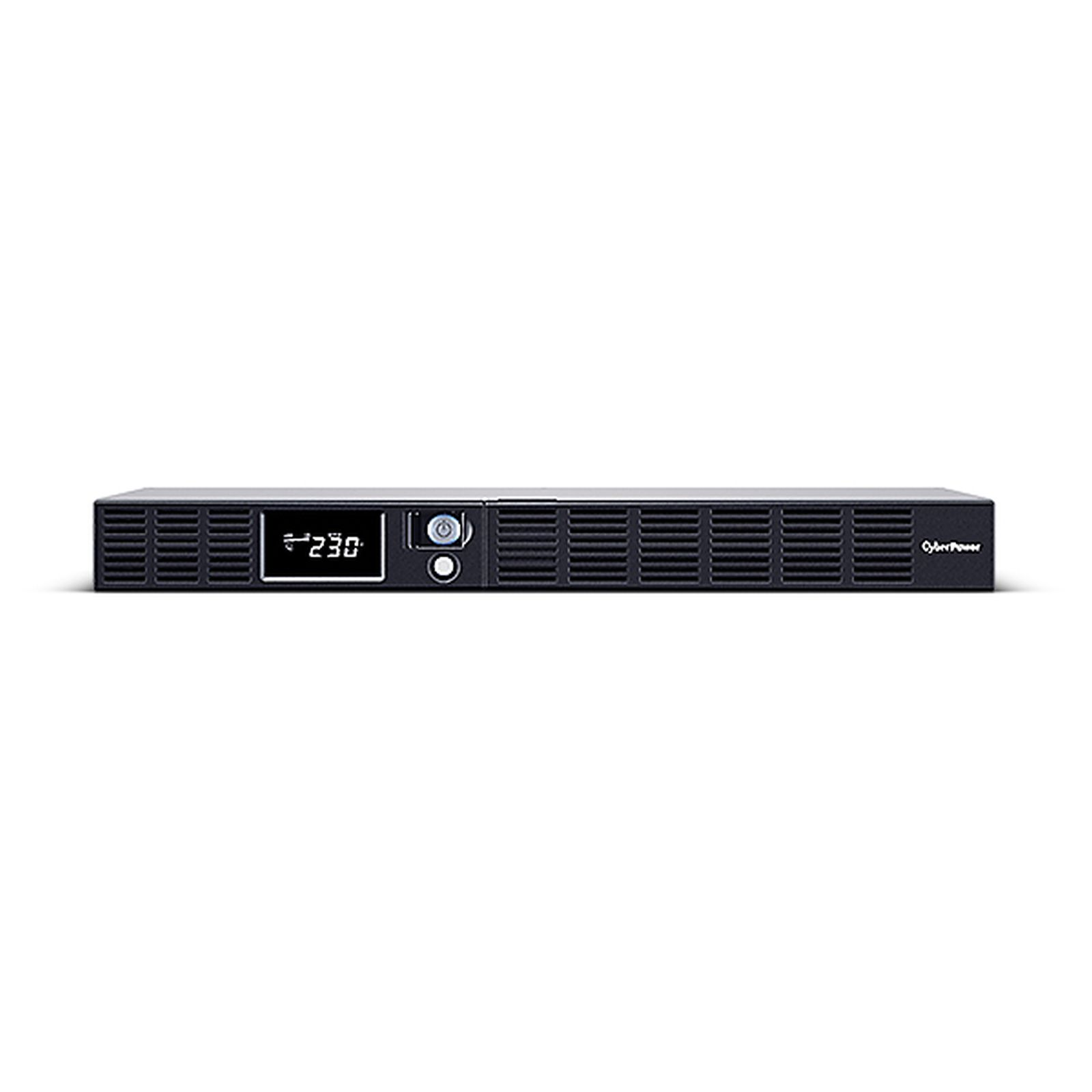 Ein schwarzes, flaches Rackmount-Gerät mit Lüftungsschlitzen, Display und Knöpfen.