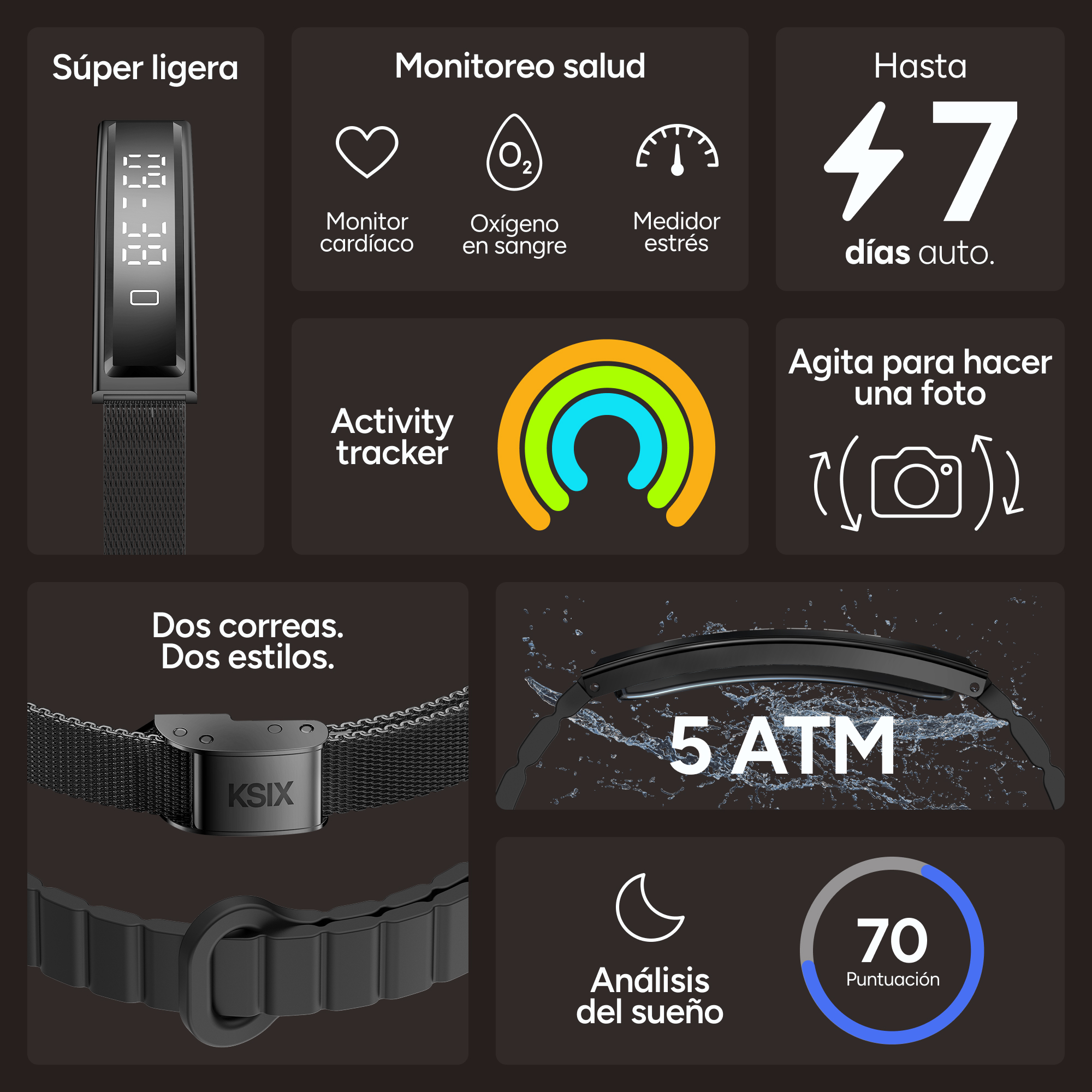 Banda ligera con monitor de salud, seguimiento de actividad, 47 días de batería, 5 ATM resistente.