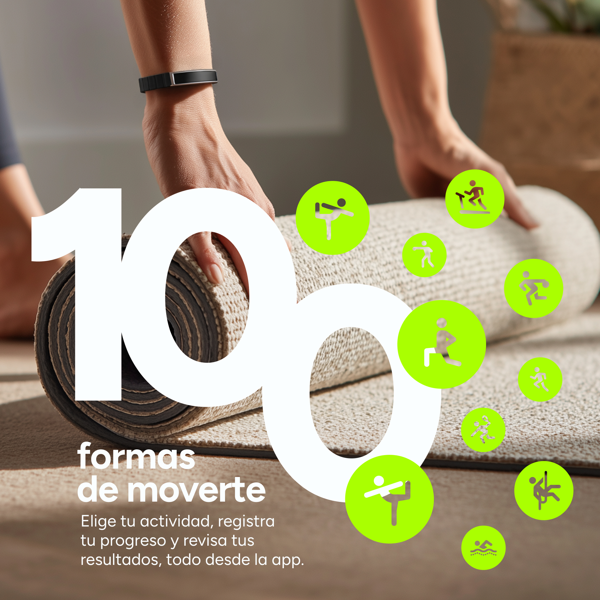 Una persona desenrolla una esterilla de yoga con iconos de actividad.