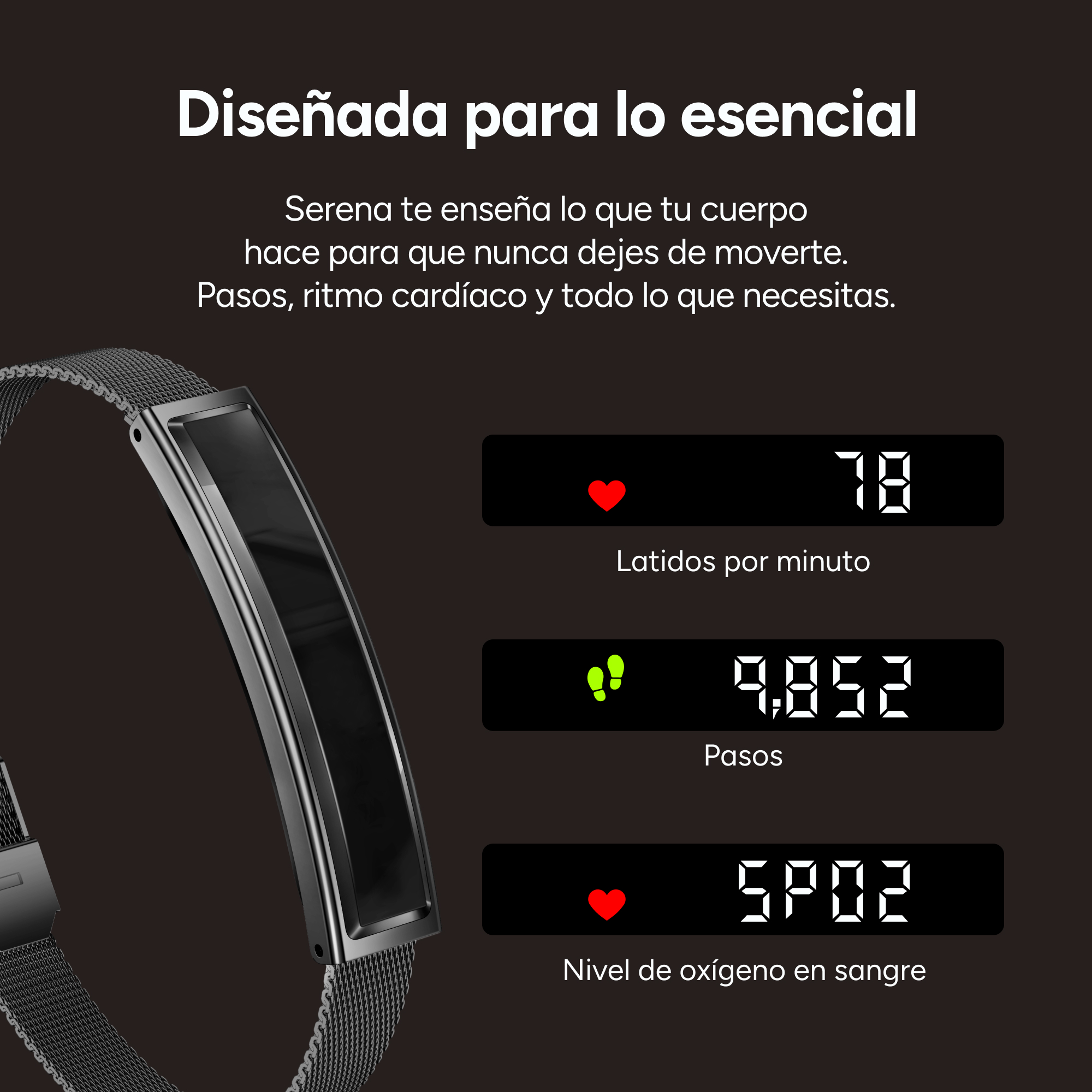 Pulsera de actividad muestra ritmo cardíaco (78), pasos (9.852) y oxígeno en sangre (SpO2).