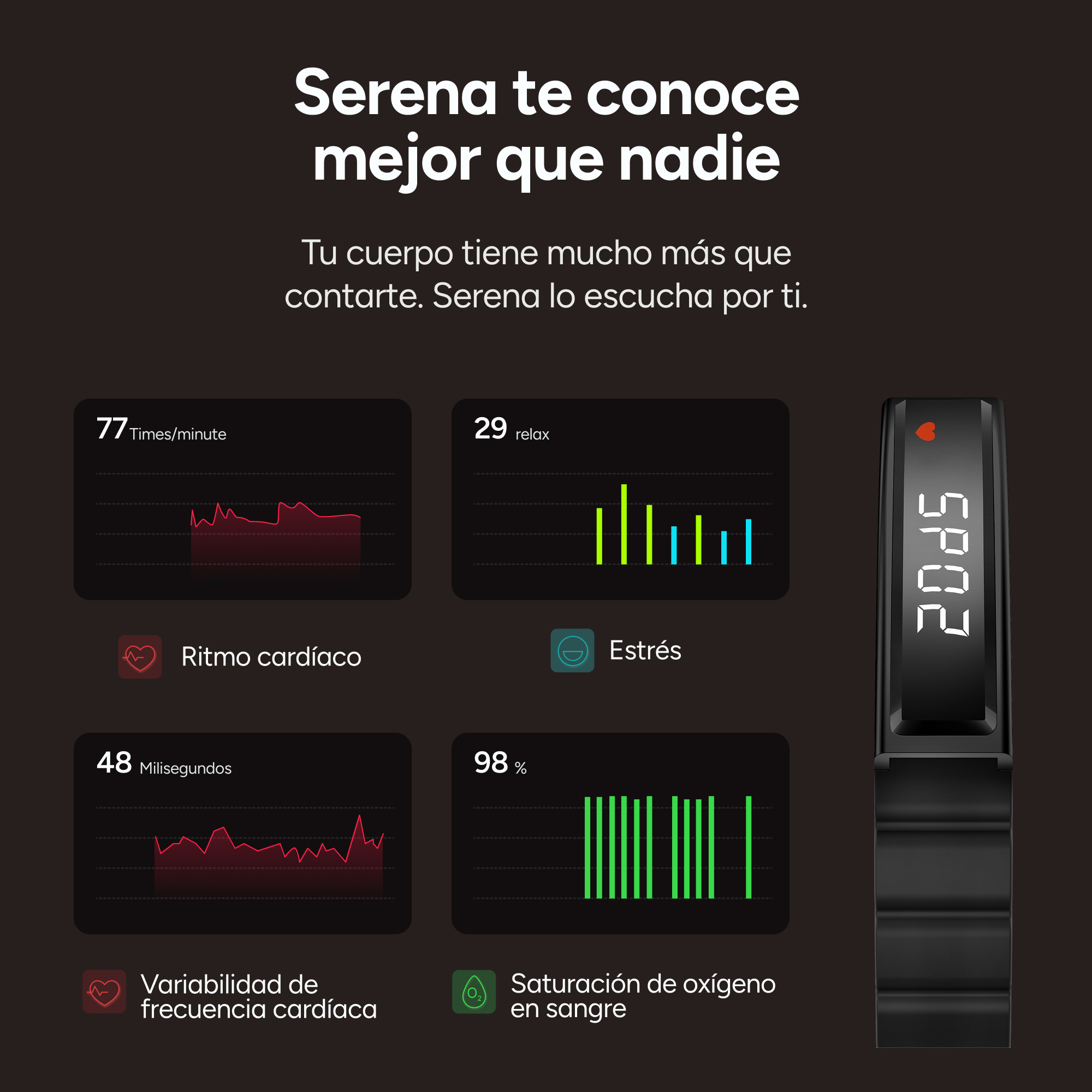 Una pulsera de actividad negra muestra datos como ritmo cardíaco y saturación de oxígeno.