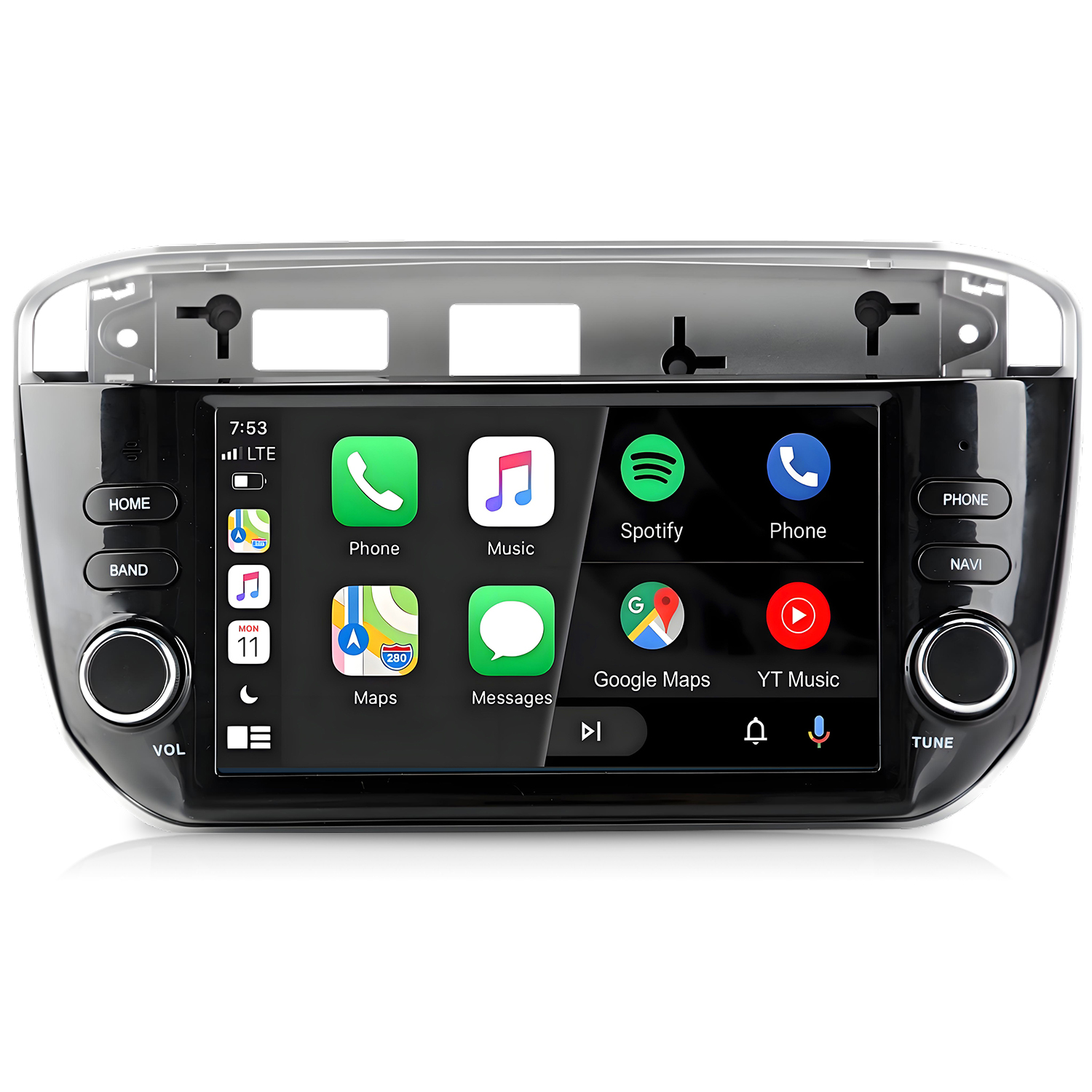 Un sistema di infotainment per auto con touchscreen che mostra icone di app per telefono, musica e mappe.