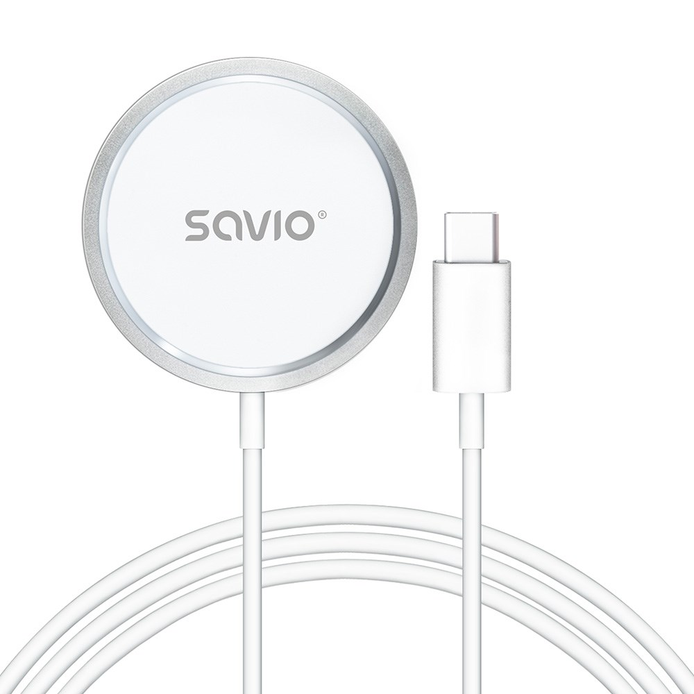 Biała ładowarka bezprzewodowa Savio z kablem USB-C na białym tle.