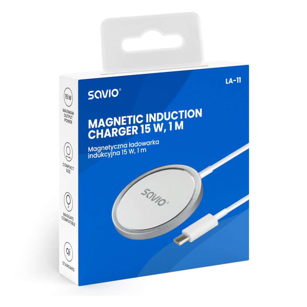 Pudełko ładowarki magnetycznej Savio: 15W, 1m, USB-C. Biała ładowarka srebrna.