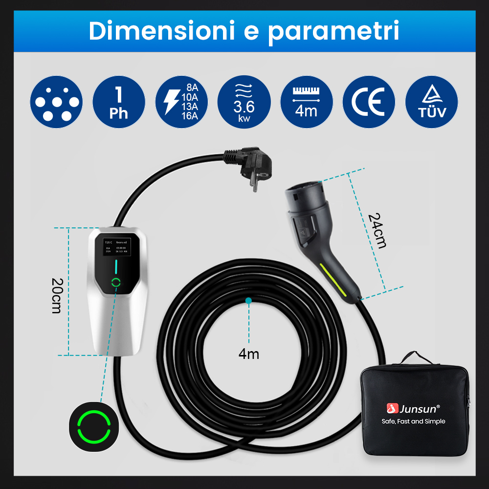 Un caricatore bianco con cavo, spina e borsa. Mostra 1 Ph, 8-16A, 3,6kW, 4m e certificazioni.
