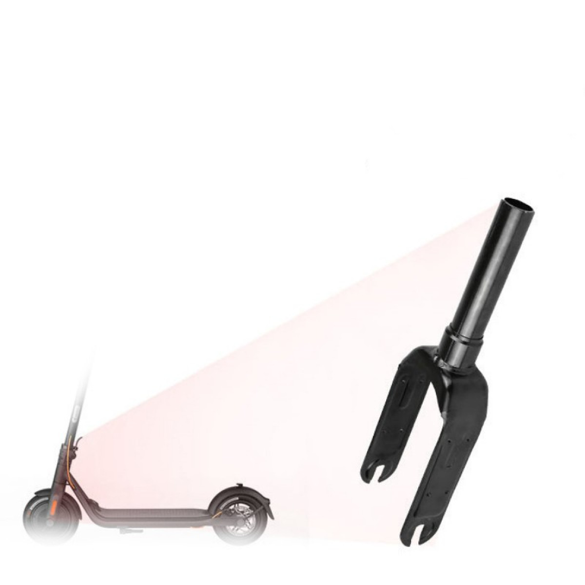 Uno scooter elettrico nero a sinistra e una forcella nera a destra su sfondo bianco.