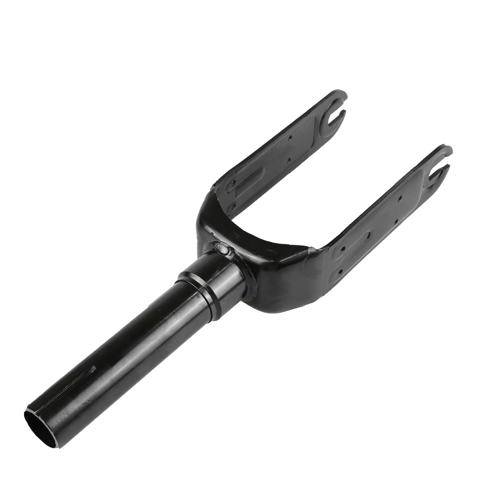 Un pezzo di forcella per bicicletta nero con due bracci e un albero rotondo.