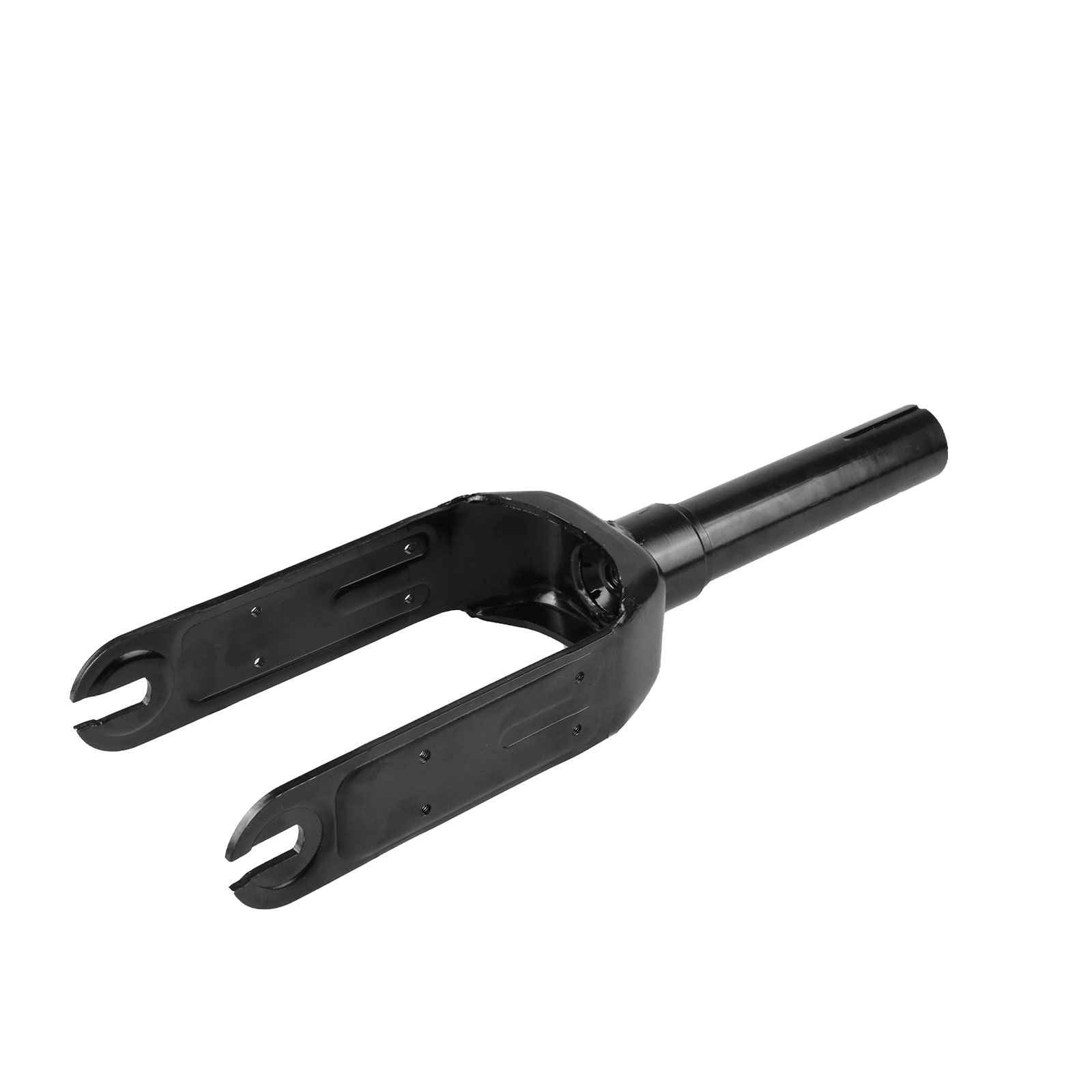 Un pezzo di forcella per bicicletta nero con due bracci e un albero.