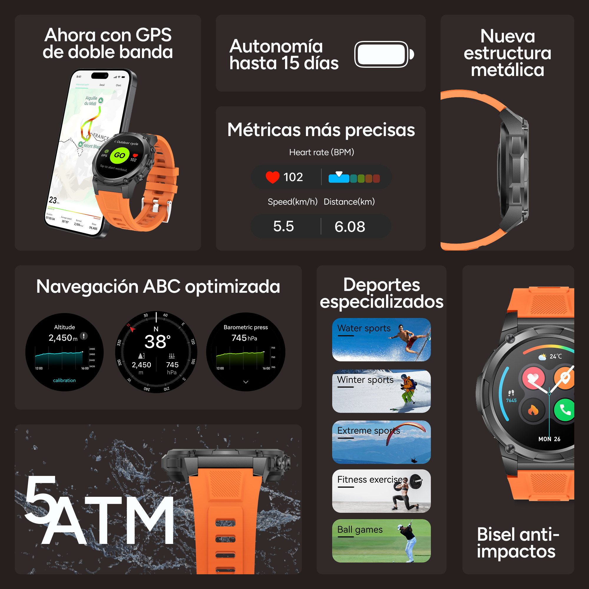 Reloj inteligente naranja con GPS, frecuencia cardíaca, altímetro, barómetro y modos deportivos.