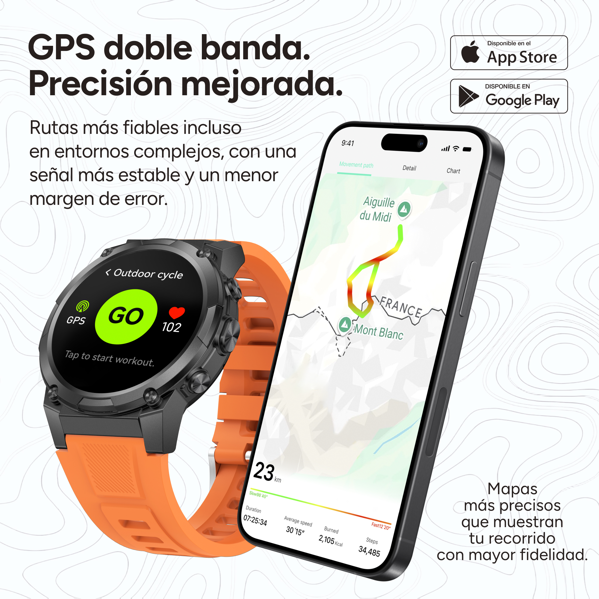 Un smartwatch y un smartphone naranjas muestran una ruta de senderismo en Francia.