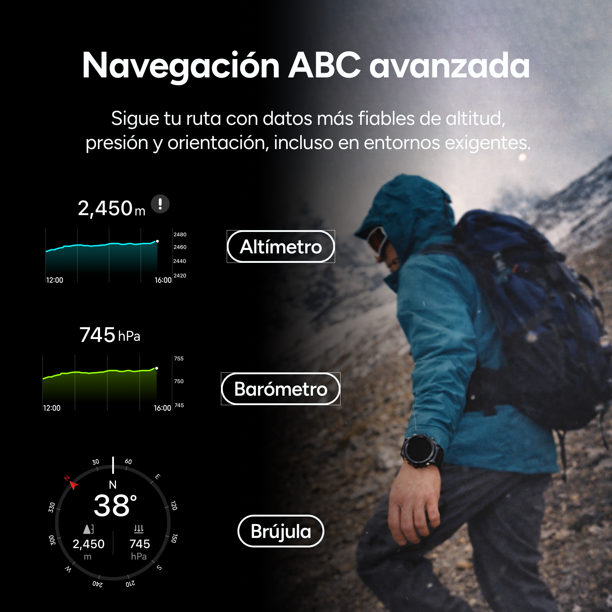 Un excursionista con mochila en paisaje montañoso muestra datos de altitud, presión y brújula.