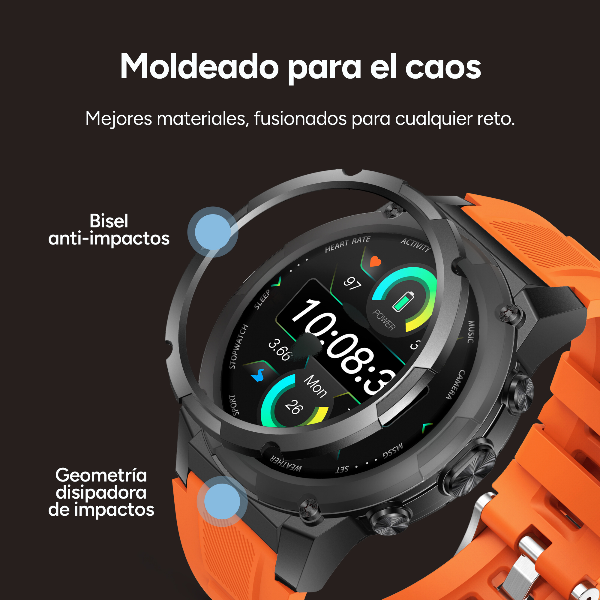 Un primer plano de un reloj inteligente naranja con esfera negra que muestra las 10:08.