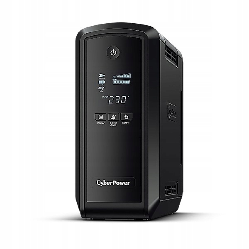 Czarny zasilacz awaryjny CyberPower z ekranem LCD pokazującym 230V wejściowe.