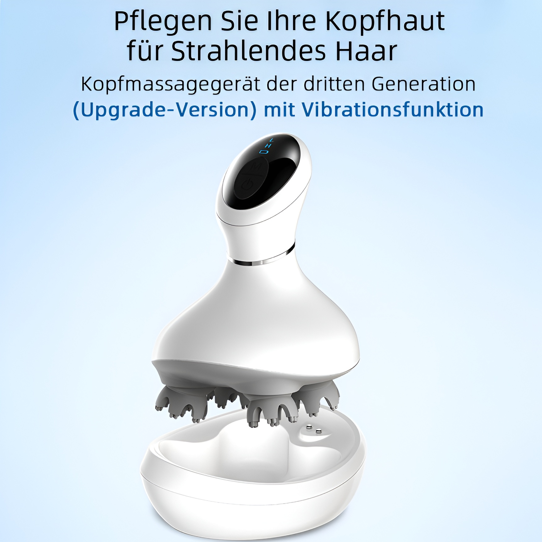 Ein weißes Kopfmassagegerät mit mehreren rotierenden Köpfen und einer Ladestation.