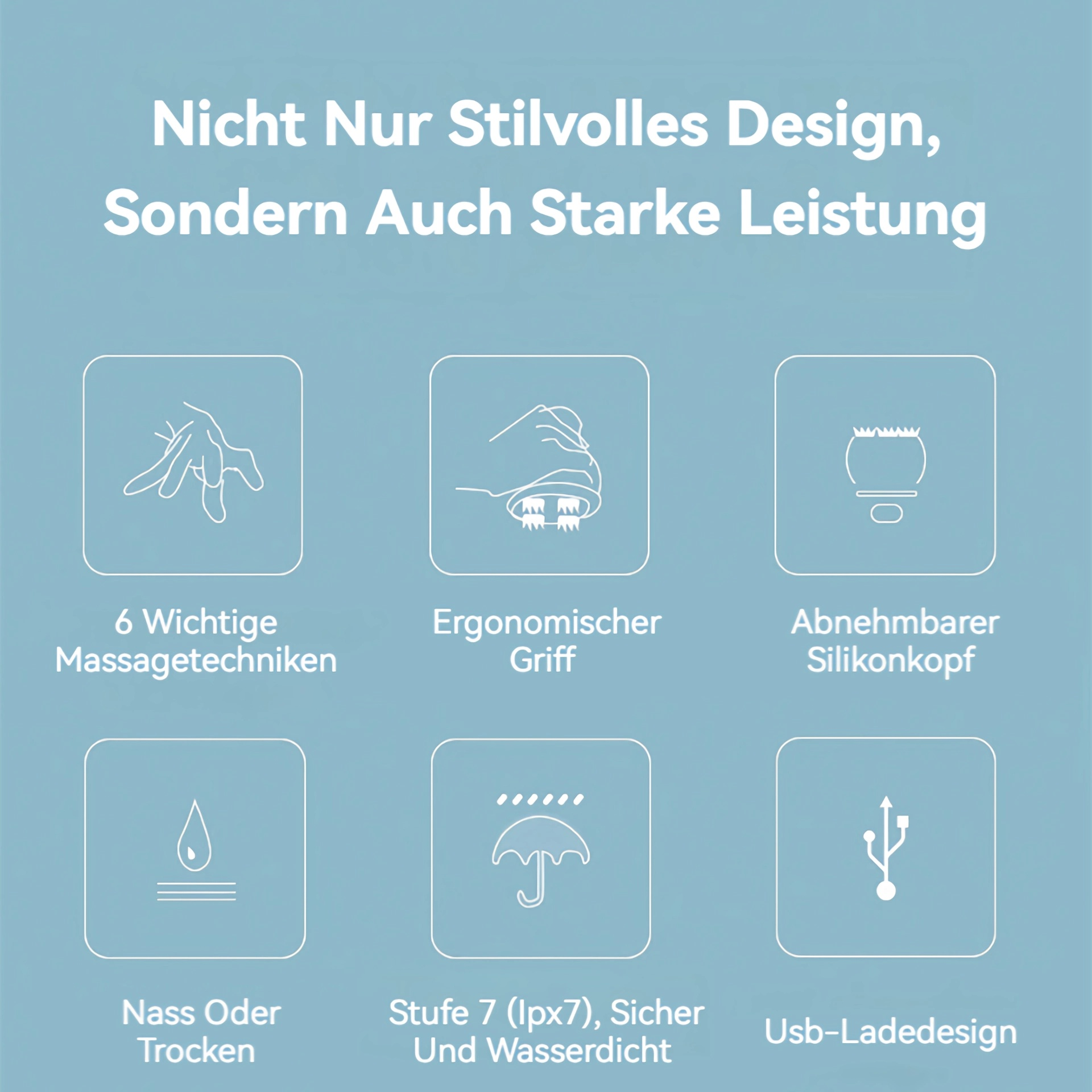 Sechs Massage-Icons: 6 Techniken, Griff, abnehmbarer Kopf, nass/trocken, IPX7, USB.