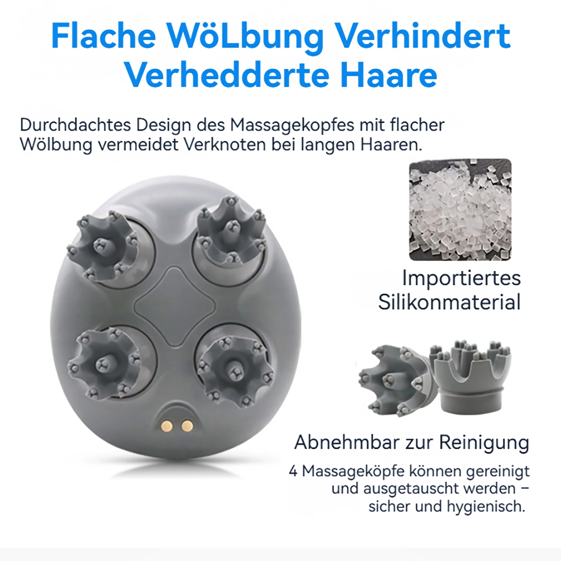 Ein grauer Massagekopf mit vier rotierenden Massageköpfen. Daneben ist Silikonmaterial abgebildet.