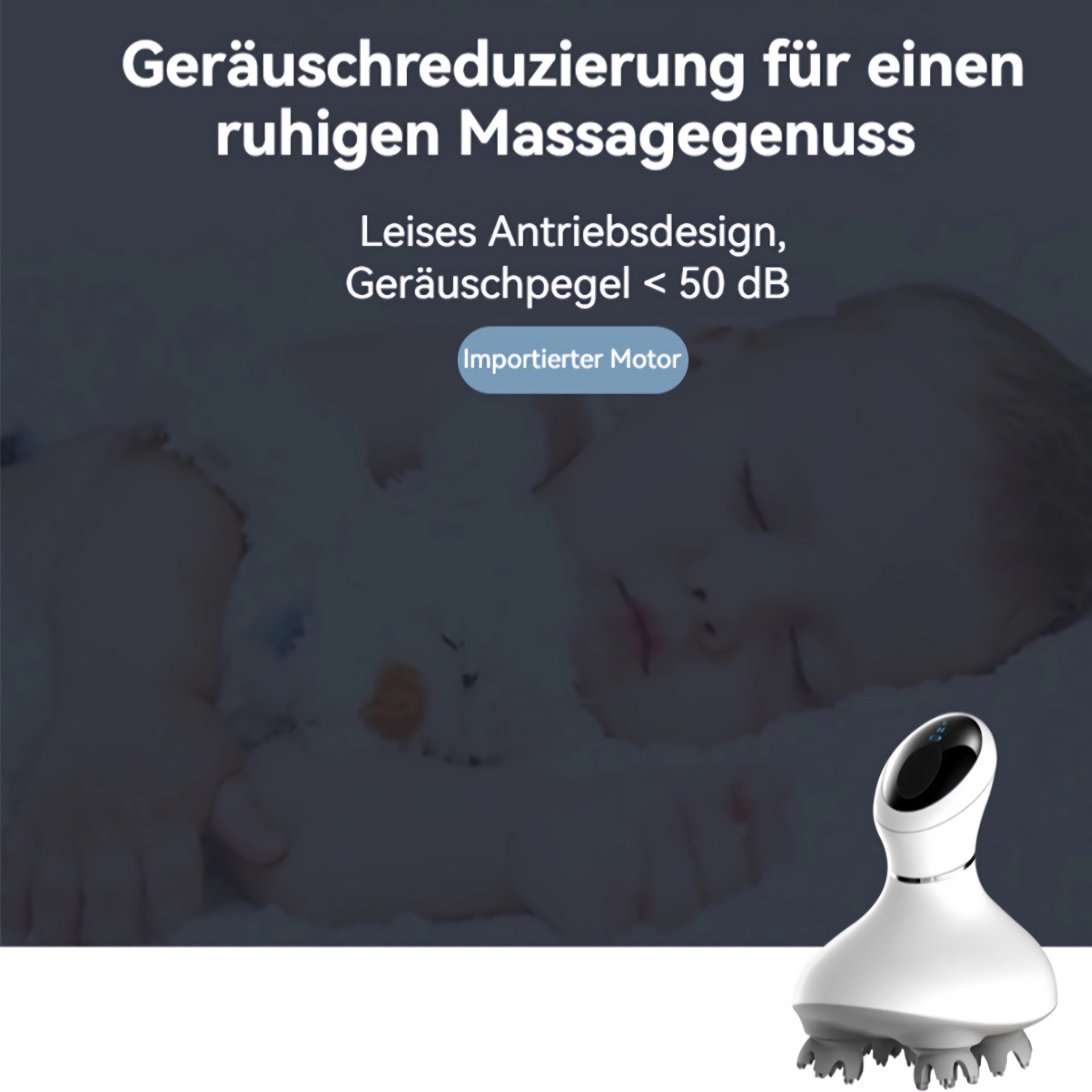 Weißes Massagegerät mit rotierenden Köpfen, im Hintergrund schlafendes Baby.