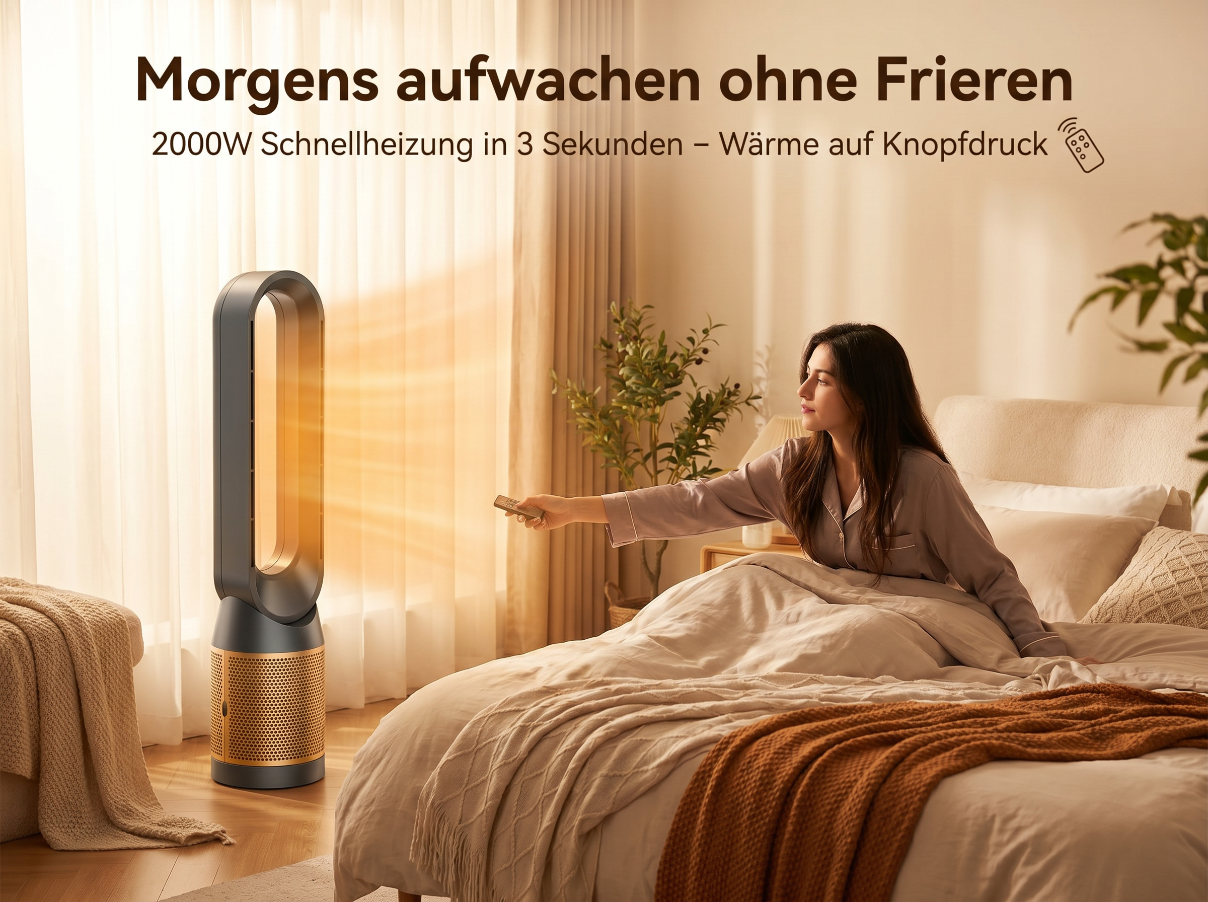 Eine Frau im Schlafanzug hält eine Fernbedienung in einem Schlafzimmer mit einem Heizlüfter.