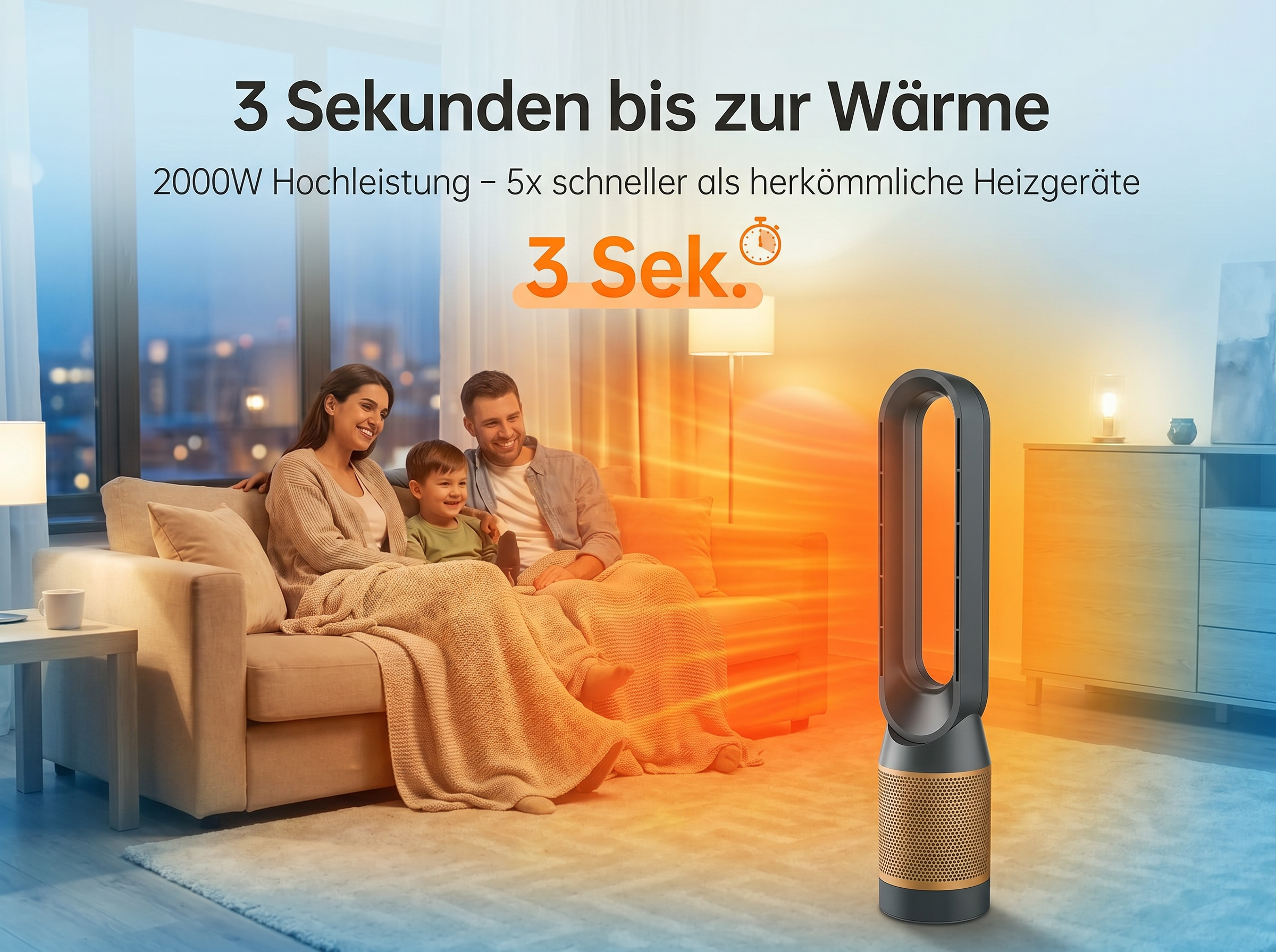 Familie auf Sofa, Heizstrahler im Vordergrund, Wärme strahlt.