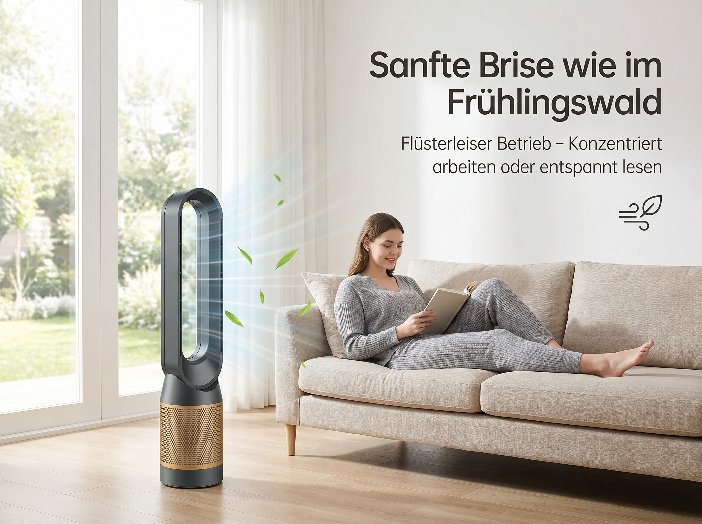 Ein schlanker Ventilator steht neben einem Sofa, auf dem eine Frau liest. Grüne Blätter schweben.