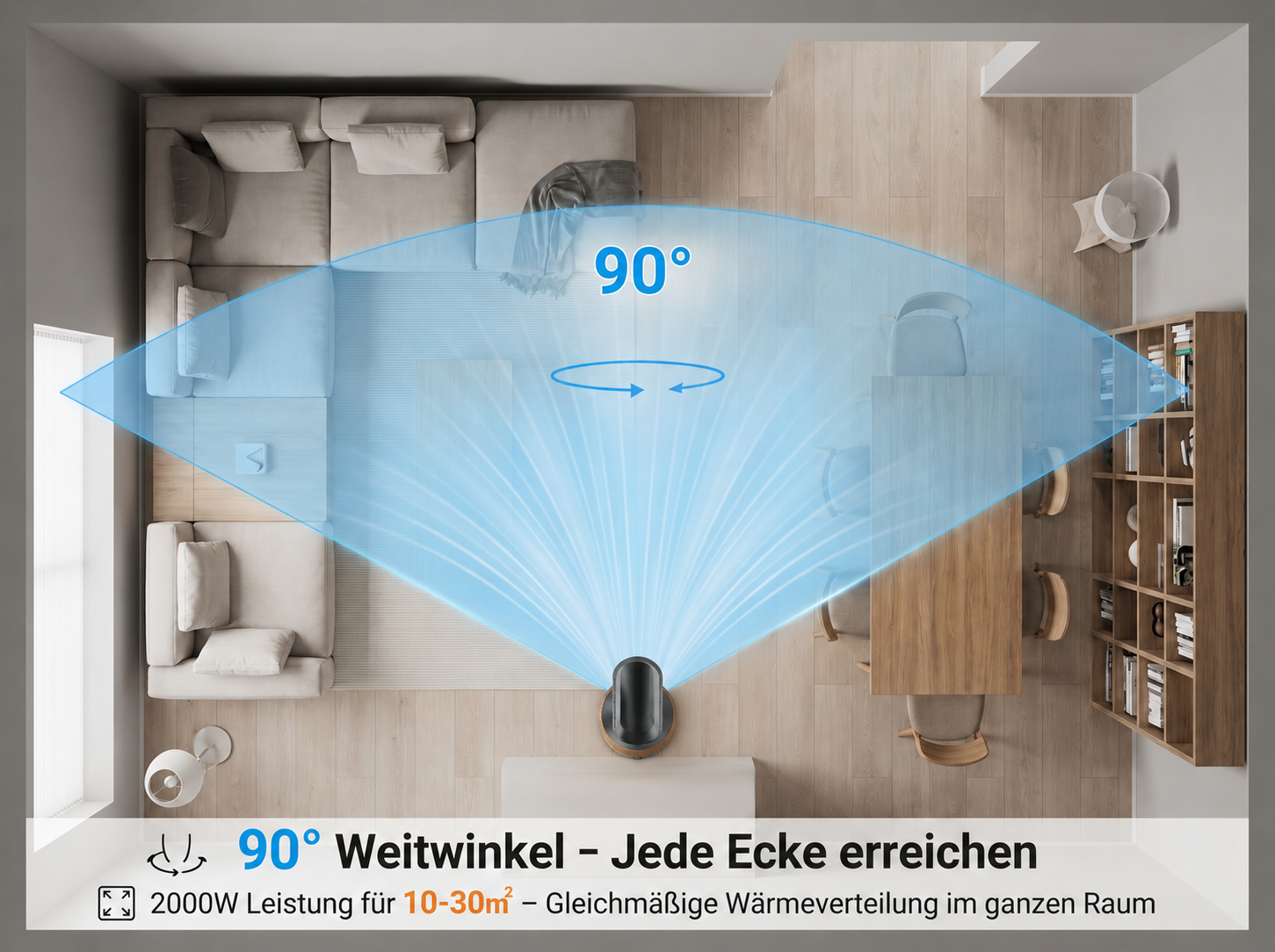 Ein Heizlüfter schwenkt um 90° und verteilt Wärme im Wohnzimmer.