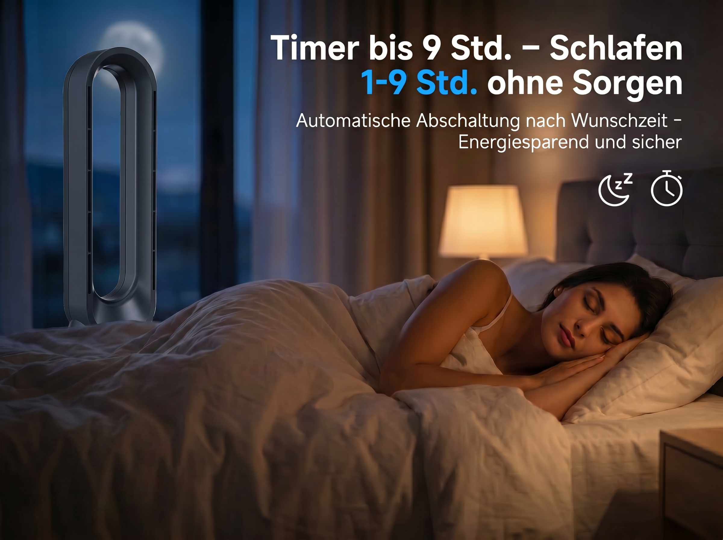 Frau schläft im Bett, Lüfter und Mond im Hintergrund. Timer-Funktion.