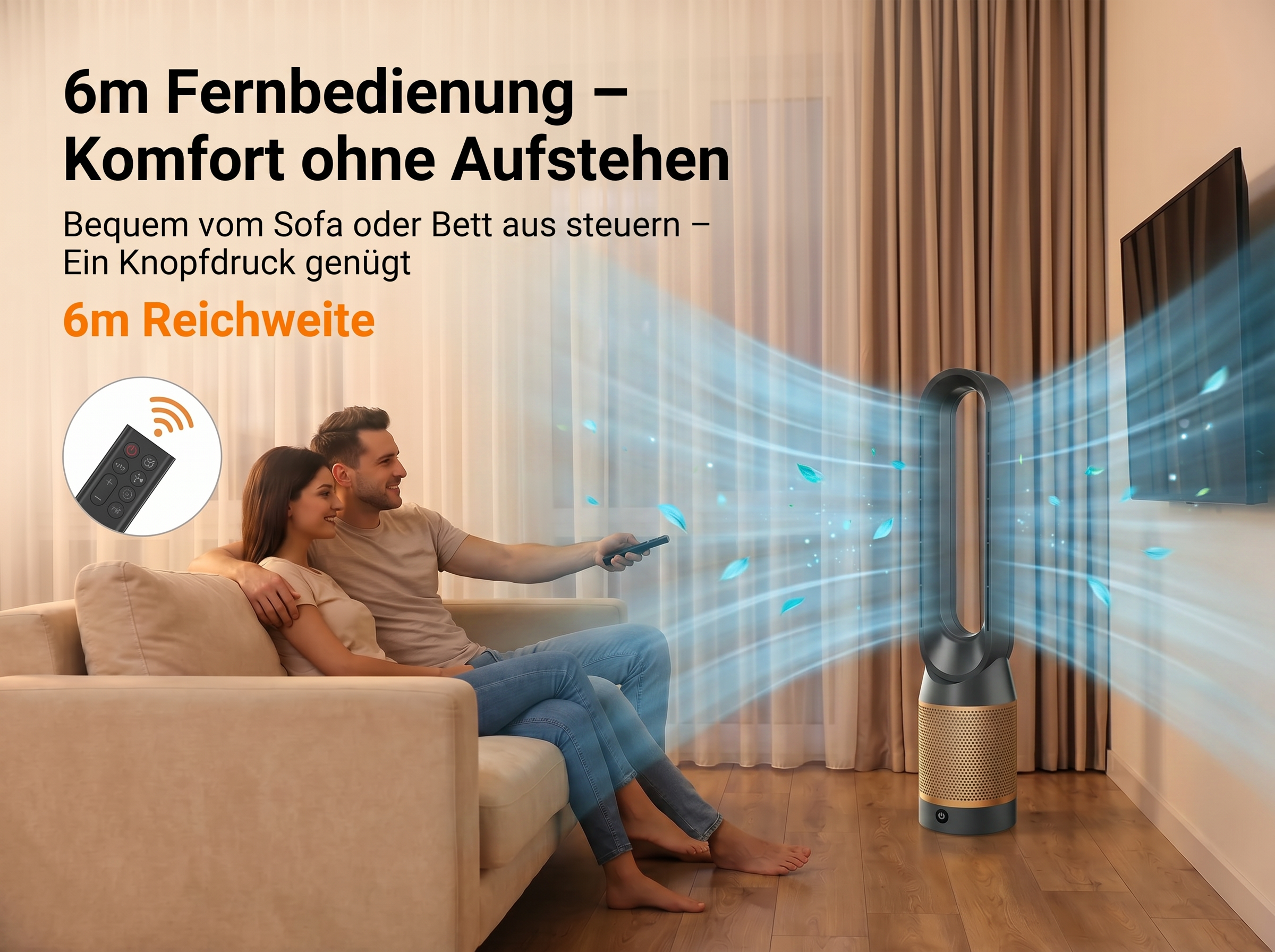 Ein Paar sitzt auf einem Sofa und benutzt eine Fernbedienung für einen Luftreiniger.