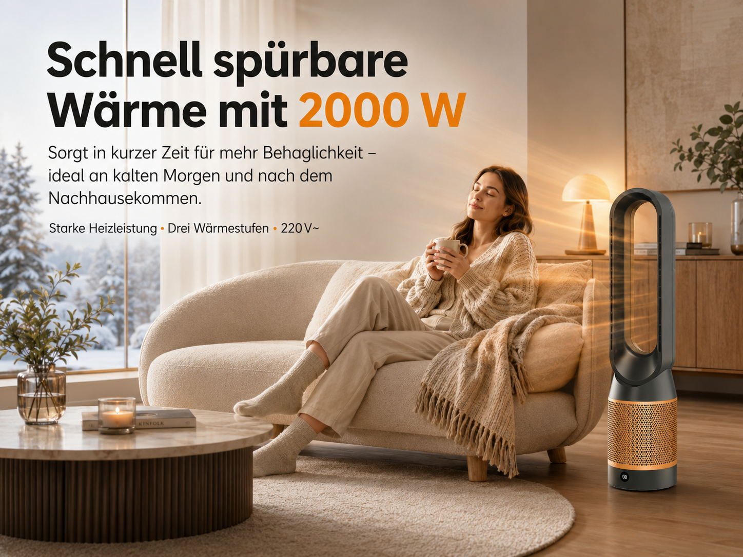 Frau entspannt sich mit einer Tasse Tee auf einem Sofa, neben einem Heizlüfter.