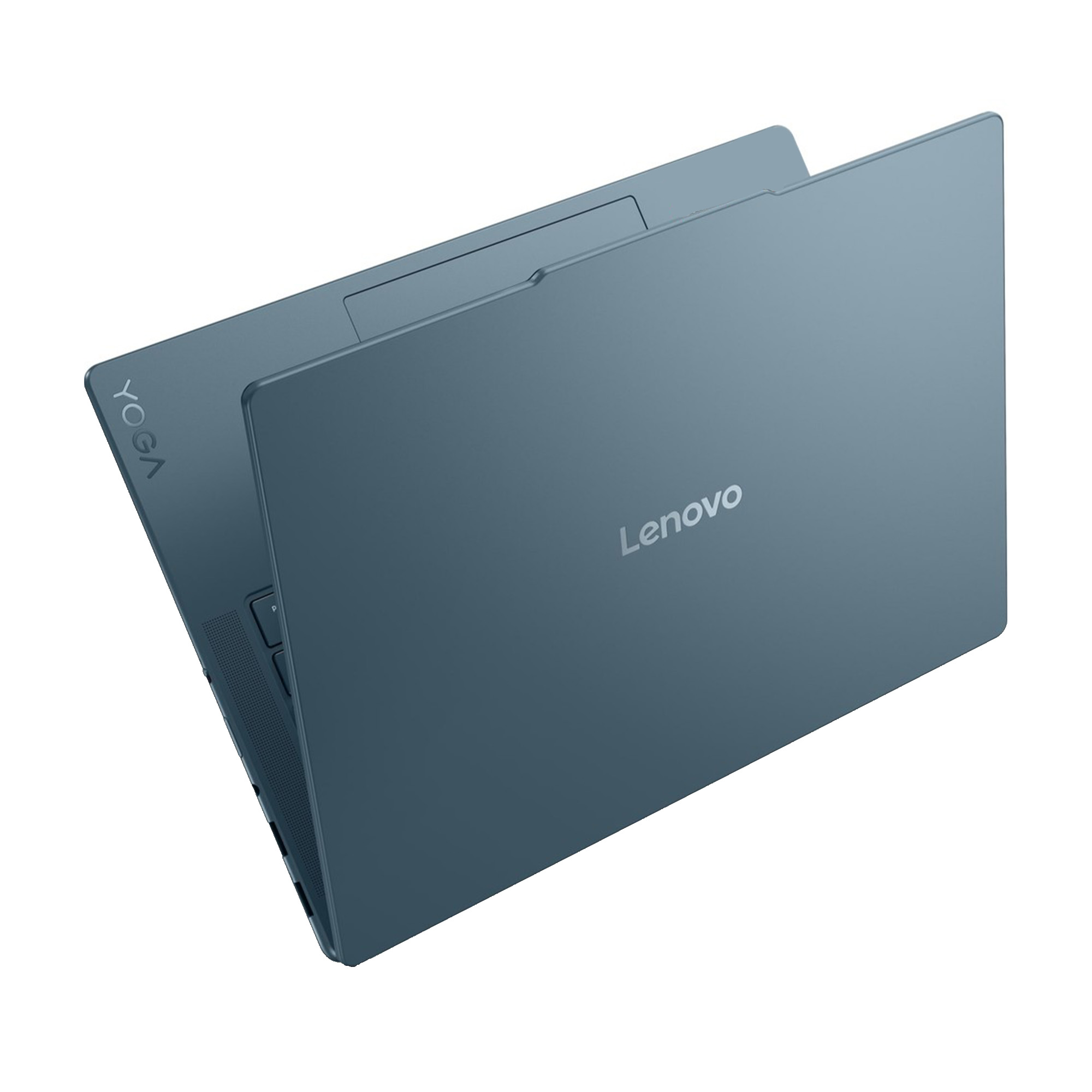 Mavi bir Lenovo Yoga dizüstü bilgisayar beyaz arka plan üzerinde gösteriliyor.