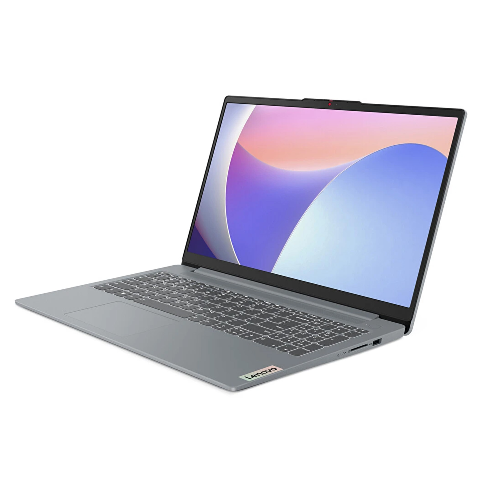 Renkli ekranlı ve klavyeli gri Lenovo dizüstü bilgisayar, beyaz arka plan üzerinde.