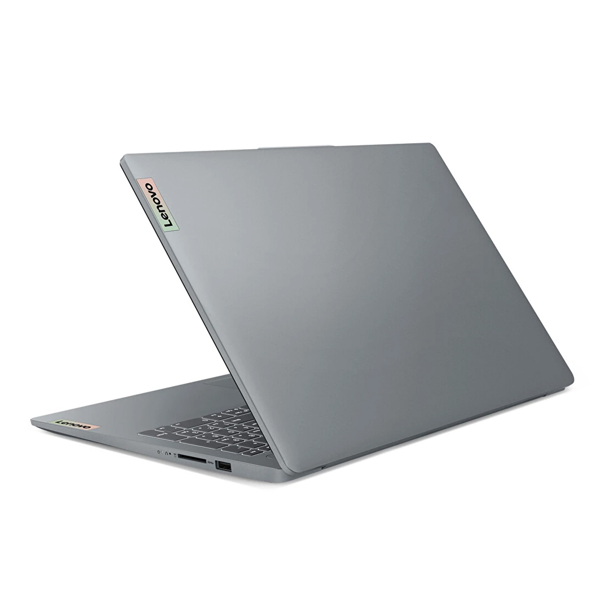 Klavye ve bağlantı noktalarını gösteren kapalı, gri Lenovo dizüstü bilgisayar.