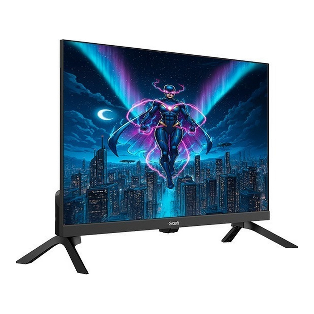 Un TV a schermo piatto mostra un supereroe che vola su una città futuristica di notte.