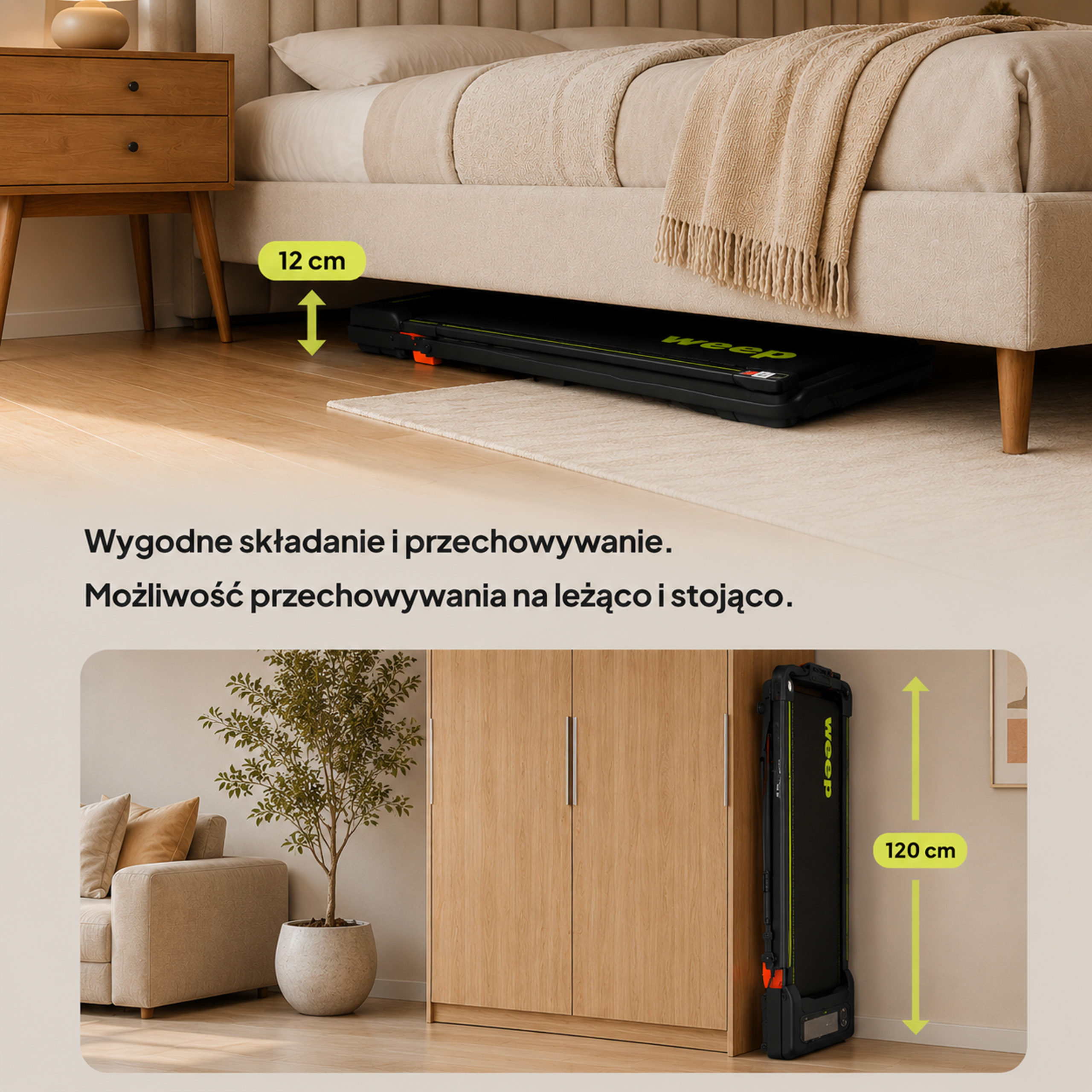 Czarna, składana bieżnia pod łóżkiem i stojąca w szafie.