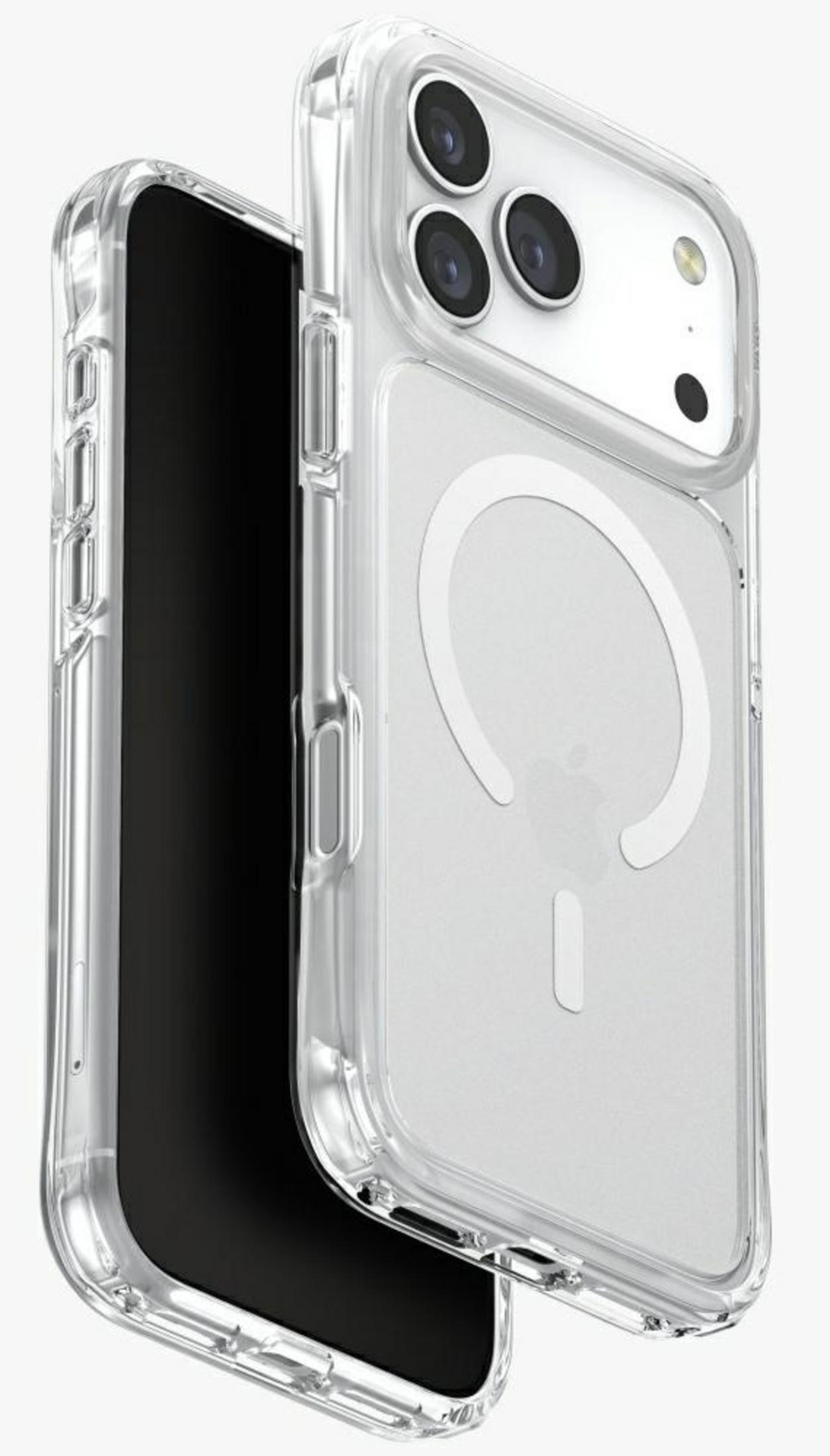 Üç kameralı ve MagSafe halkalı şeffaf telefon kılıfı.