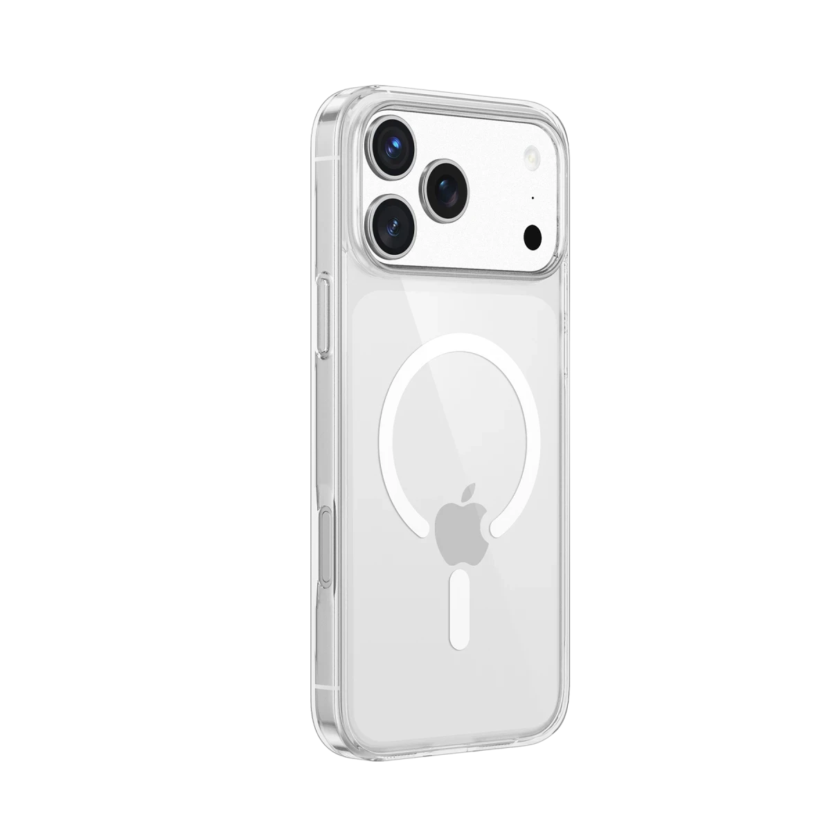 Kamera lensleri ve Apple logosu olan şeffaf iPhone kılıfı.