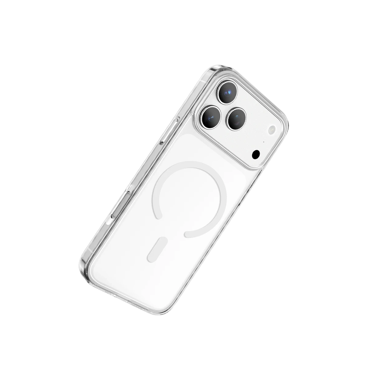 Üç kamera lensli ve manyetik halkalı şeffaf telefon kılıfı.