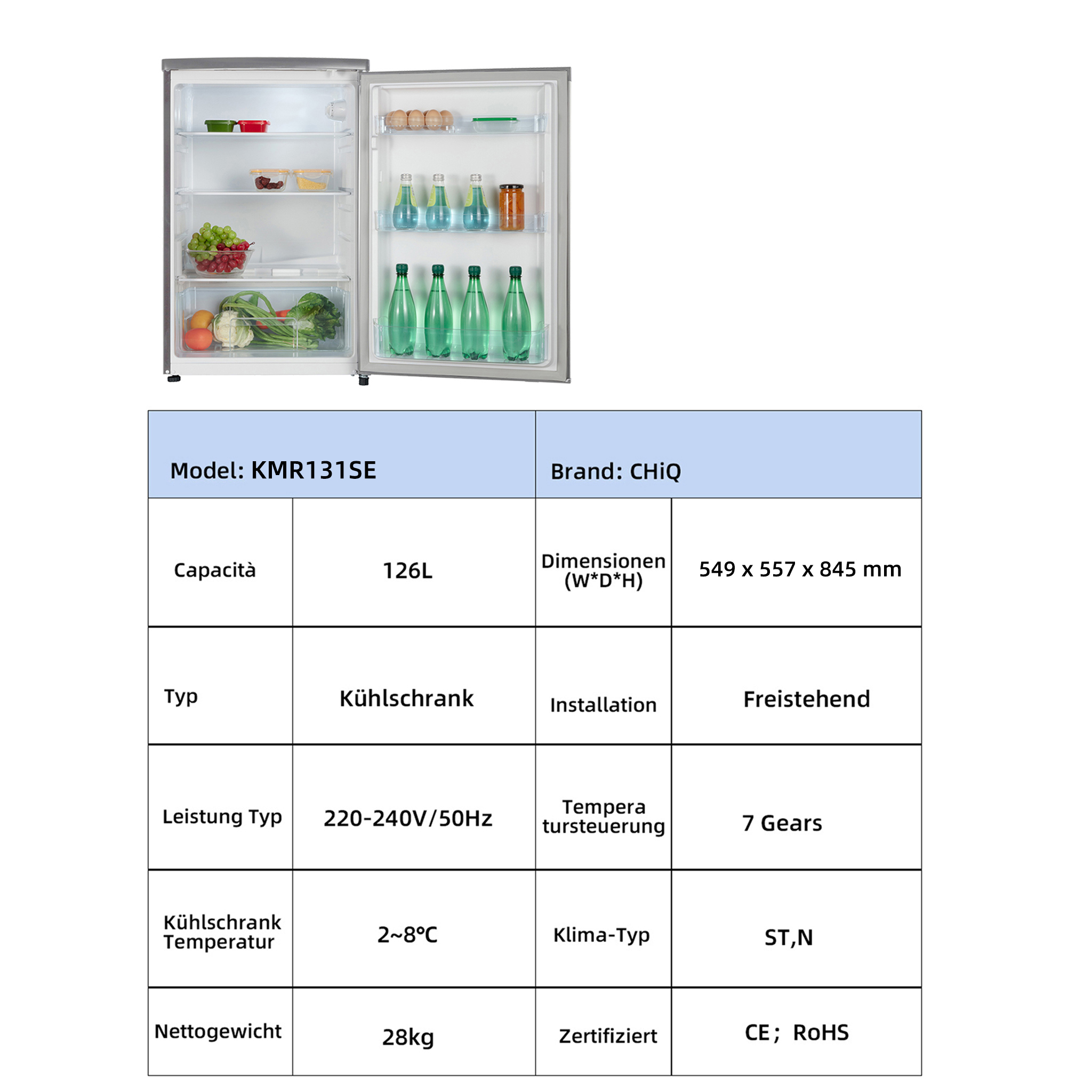 Ein offener Kühlschrank Modell KMR131SE von CHIQ, gefüllt mit Lebensmitteln und Flaschen.