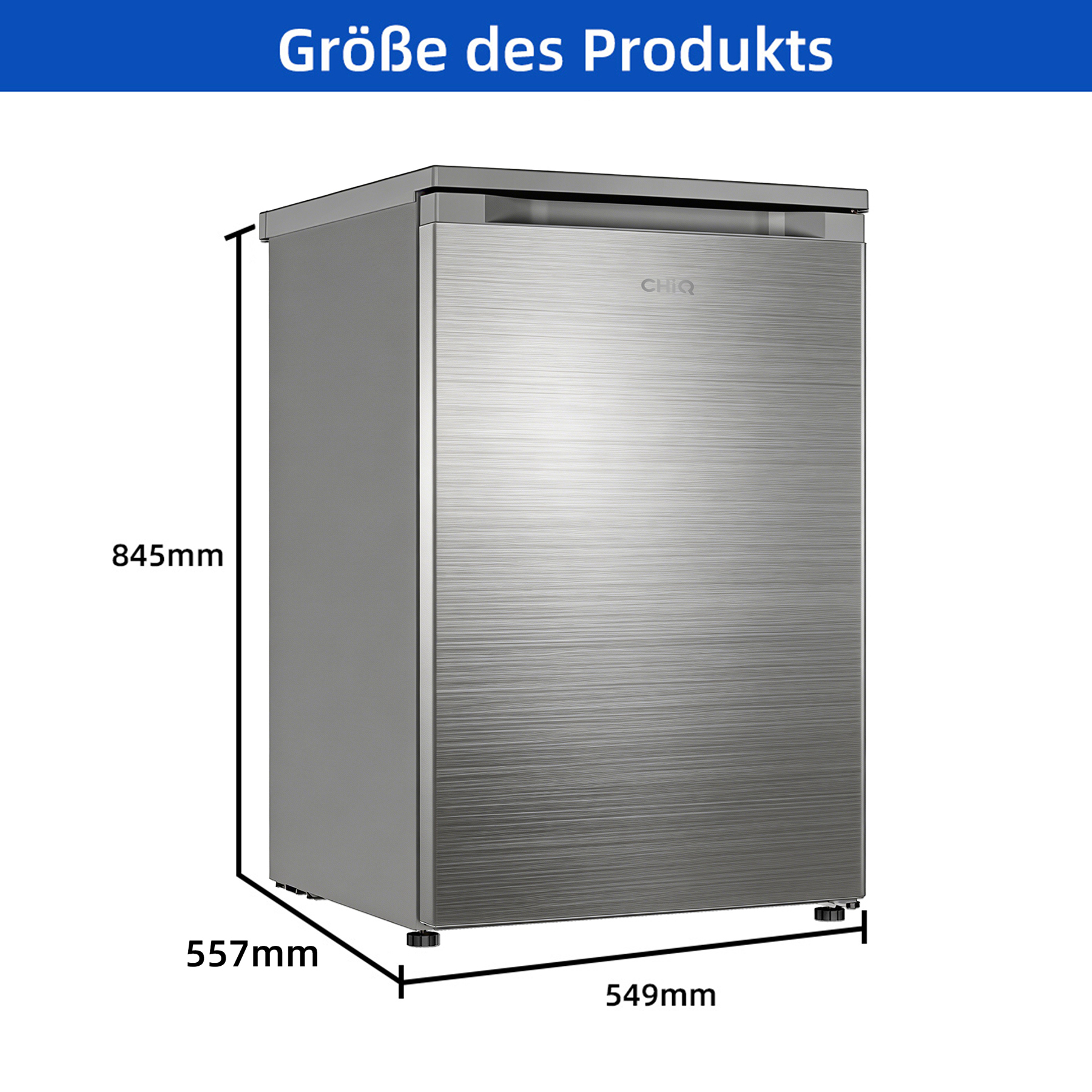 Ein silberner Kühlschrank mit Maßen 845x557x549mm.