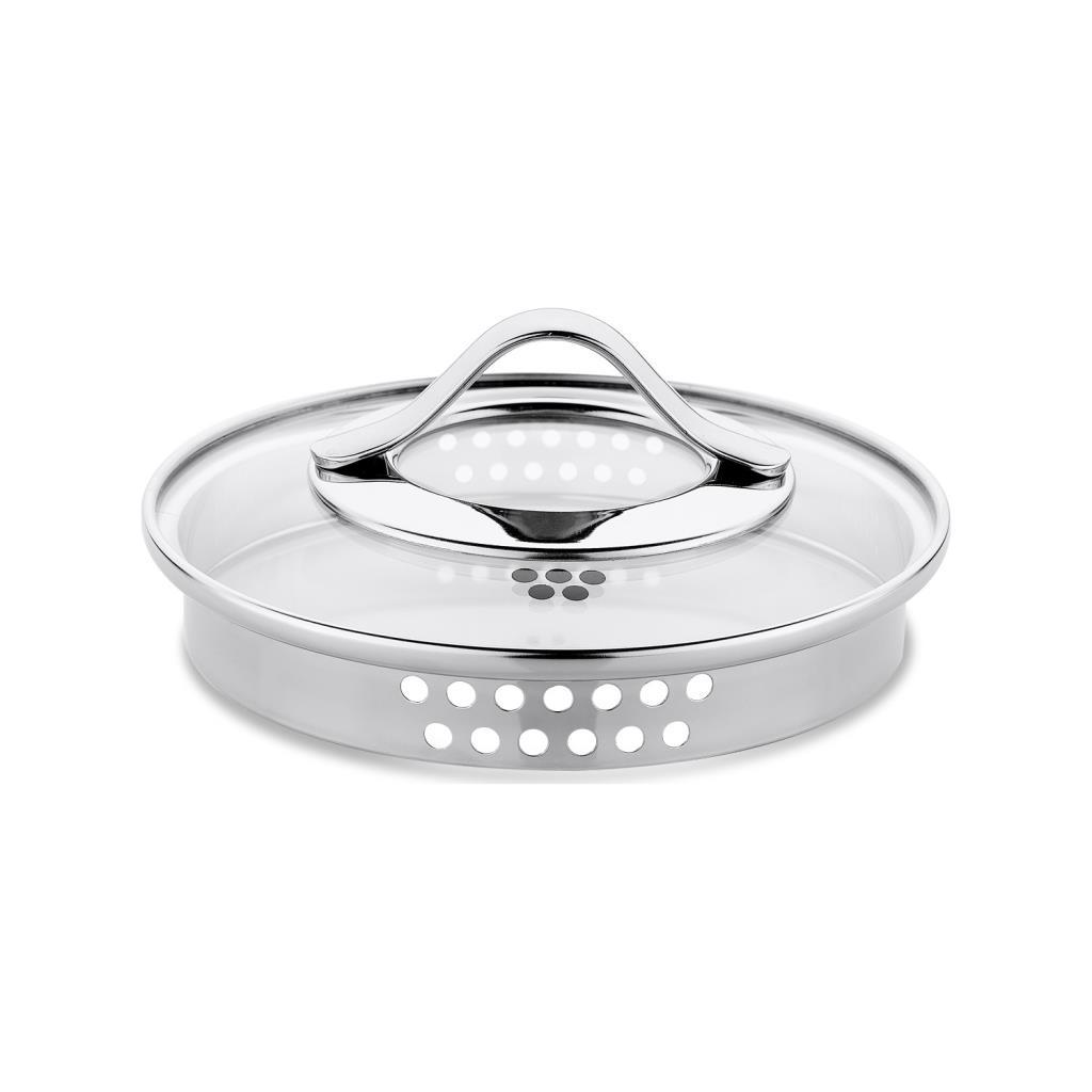 Metal kenarlı ve saplı, buhar delikli cam tencere kapağı.