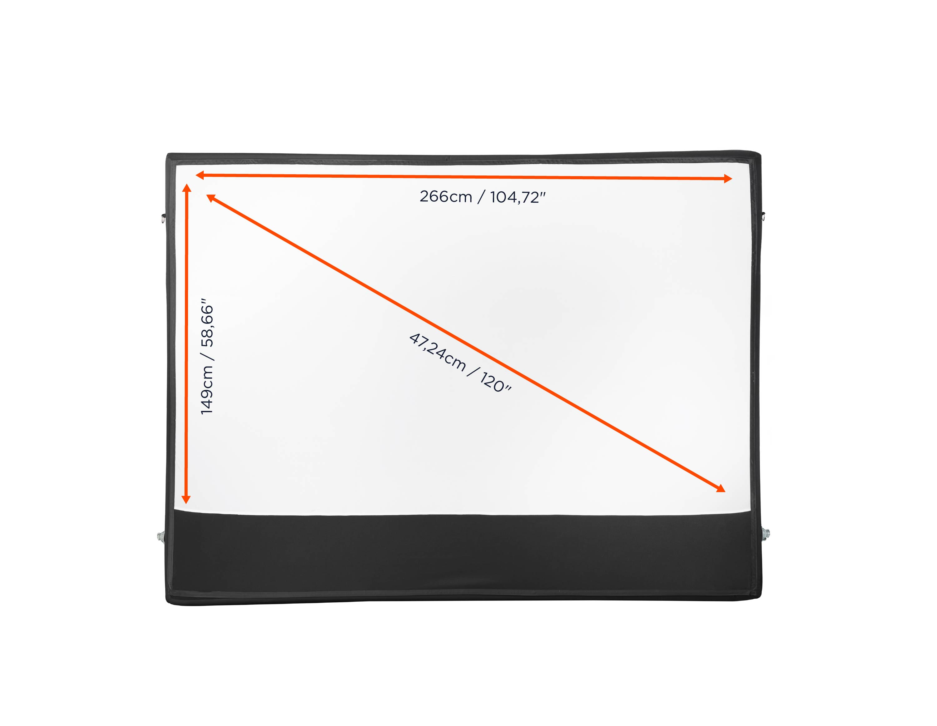 Leinwand mit Maßangaben: Breite 266cm, Höhe 149cm, Diagonale 47,24cm.