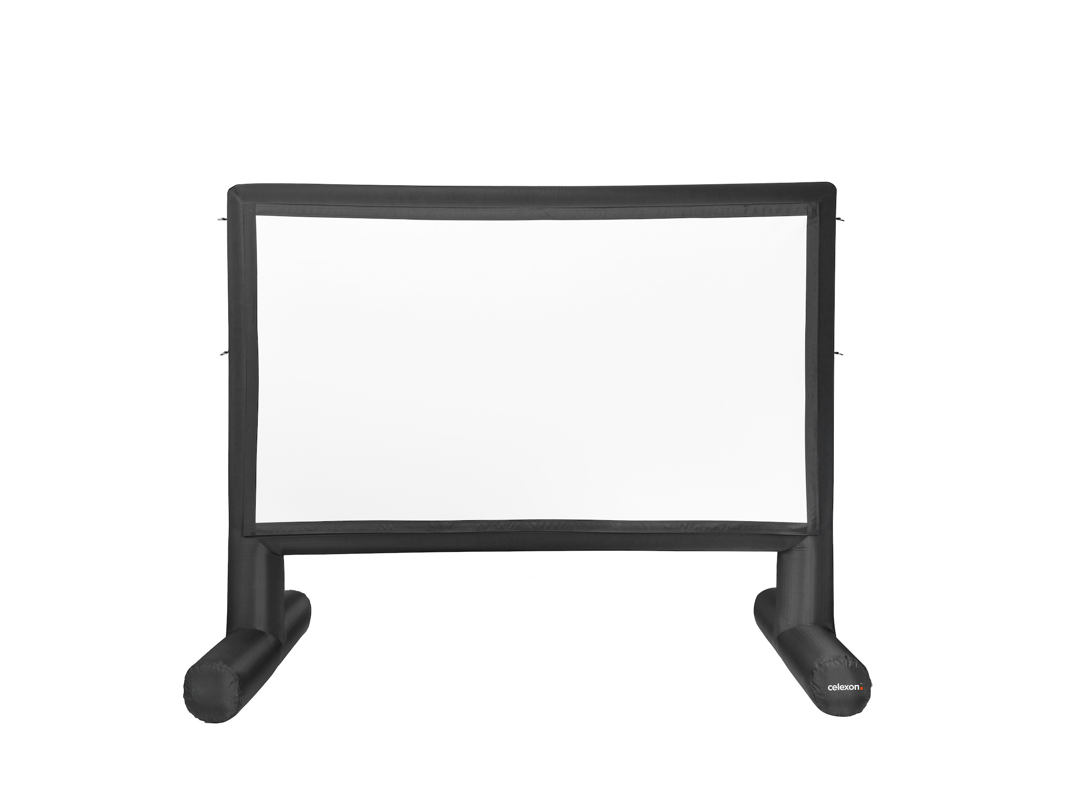 Aufblasbare Leinwand mit schwarzem Rahmen und zwei breiten Ständern.