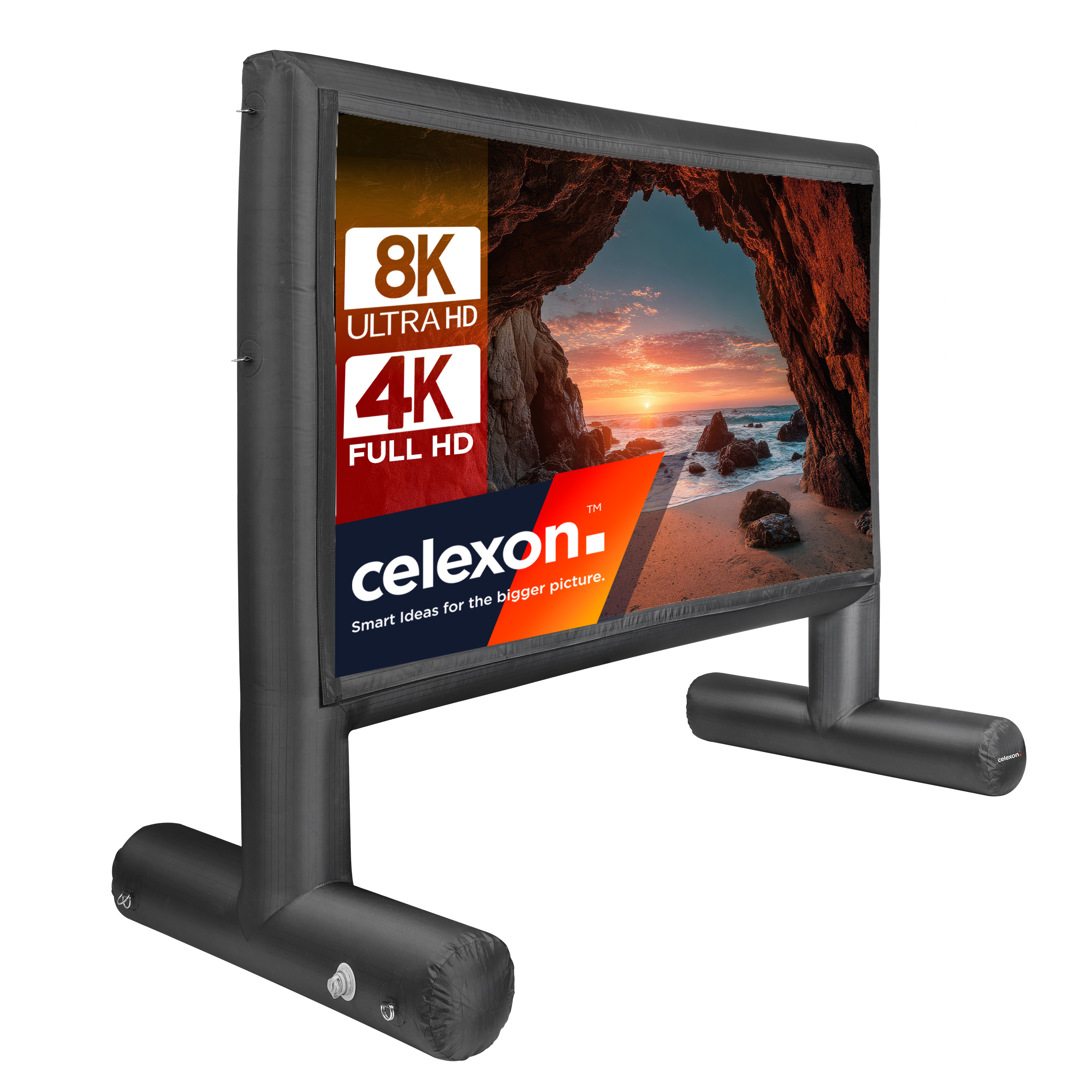 Aufblasbarer schwarzer Bildschirm mit 4K/8K-Anzeige und Strandmotiv.