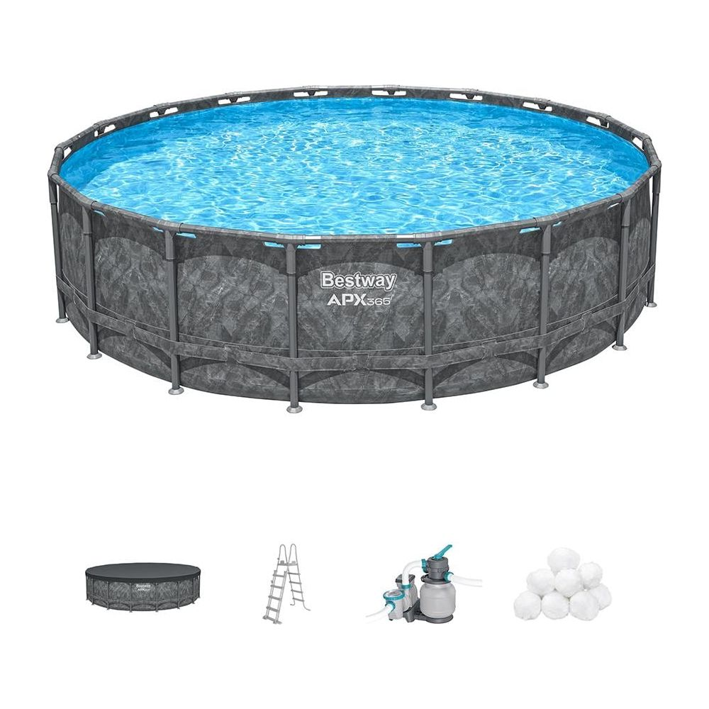 Une grande piscine ronde Bestway APX365 remplie d'eau bleue.