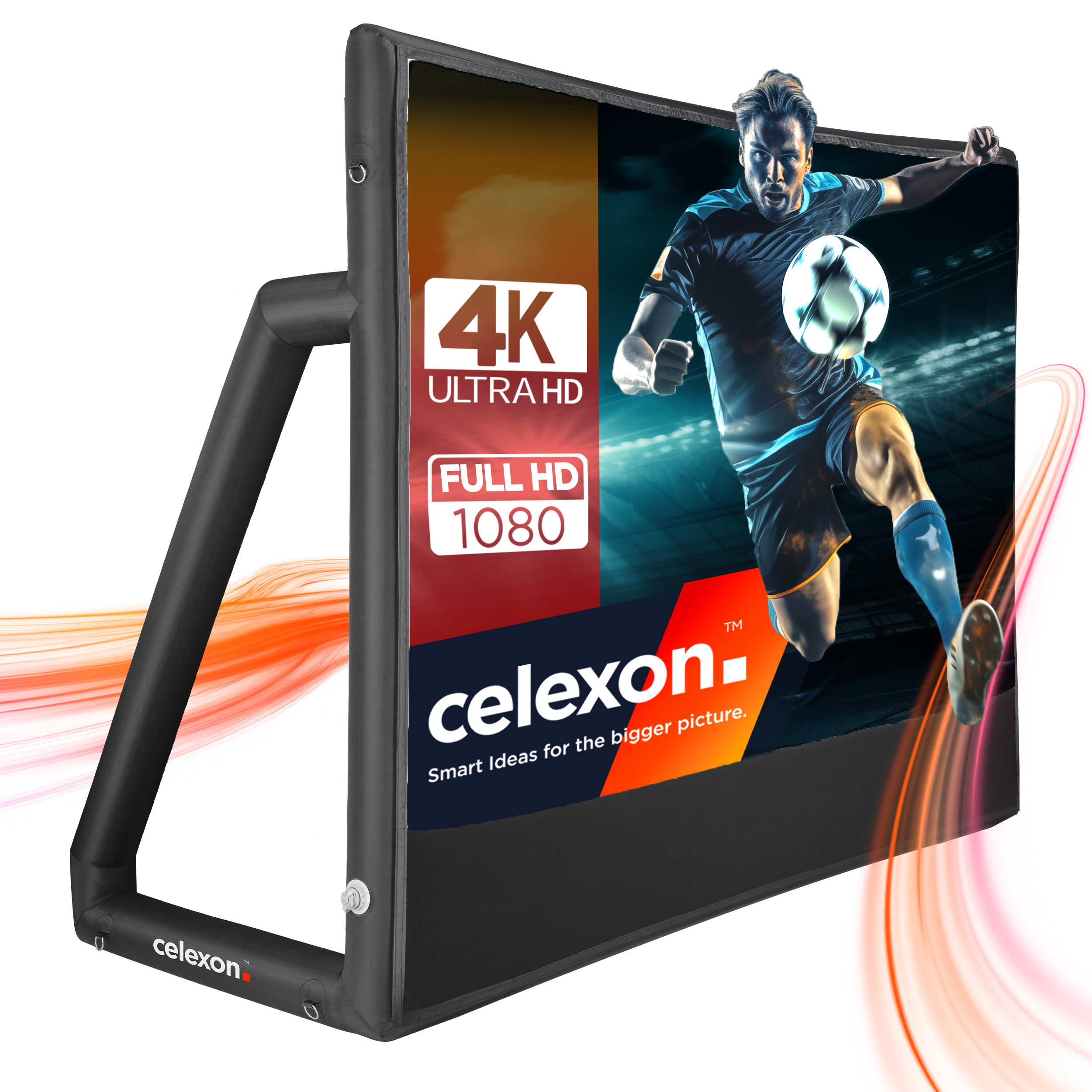 Aufblasbarer Bildschirm mit Fußballspieler und 4K/Full HD-Logo. Markenname Celexon.