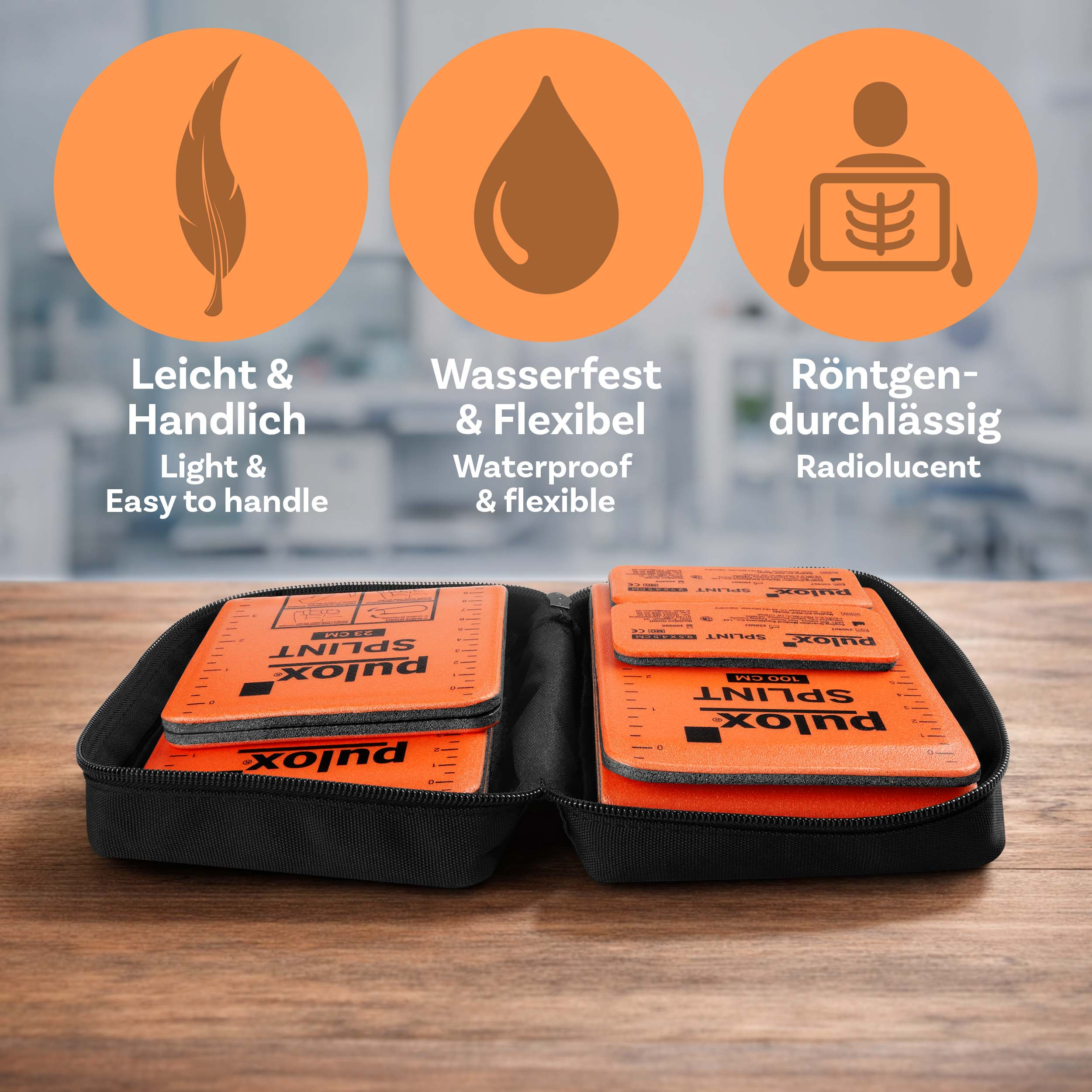 Orange Schienen in einer schwarzen Tasche mit Icons für Leichtigkeit, Wasserfestigkeit und Radioluzenz.